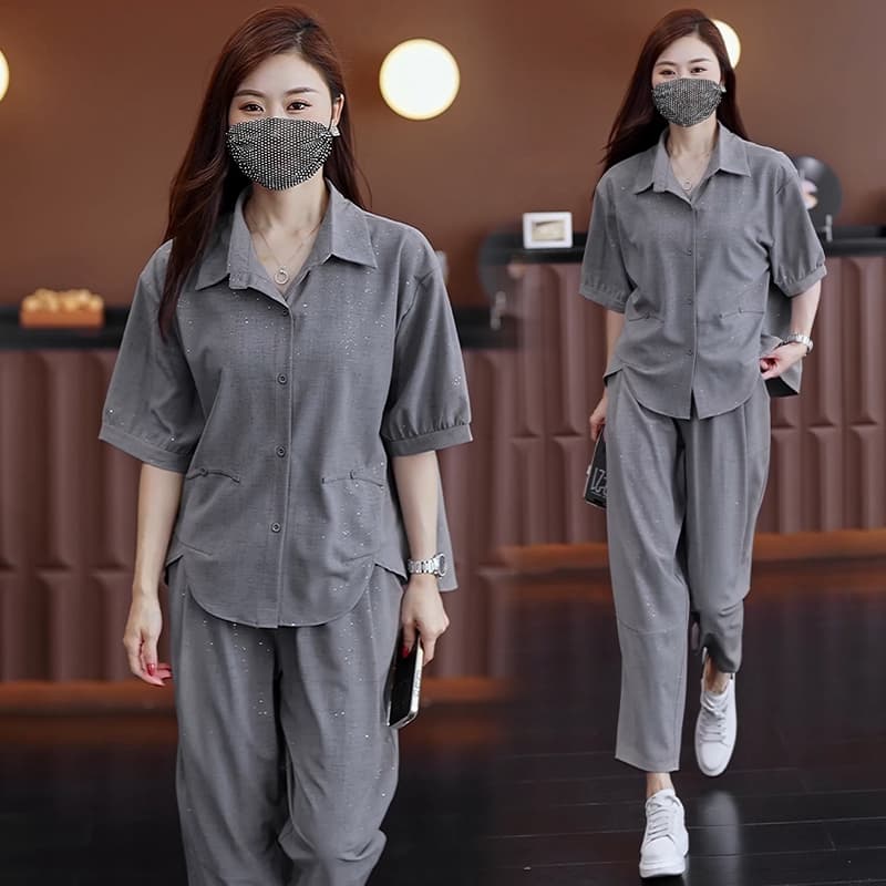 실사 2025 여름 새로운 외국 가스 세트 지방 mm 패션 좋은 플래시 셔츠 루즈핏 슬림해 보이는 연령 감소 투피스 세트 이미지 2