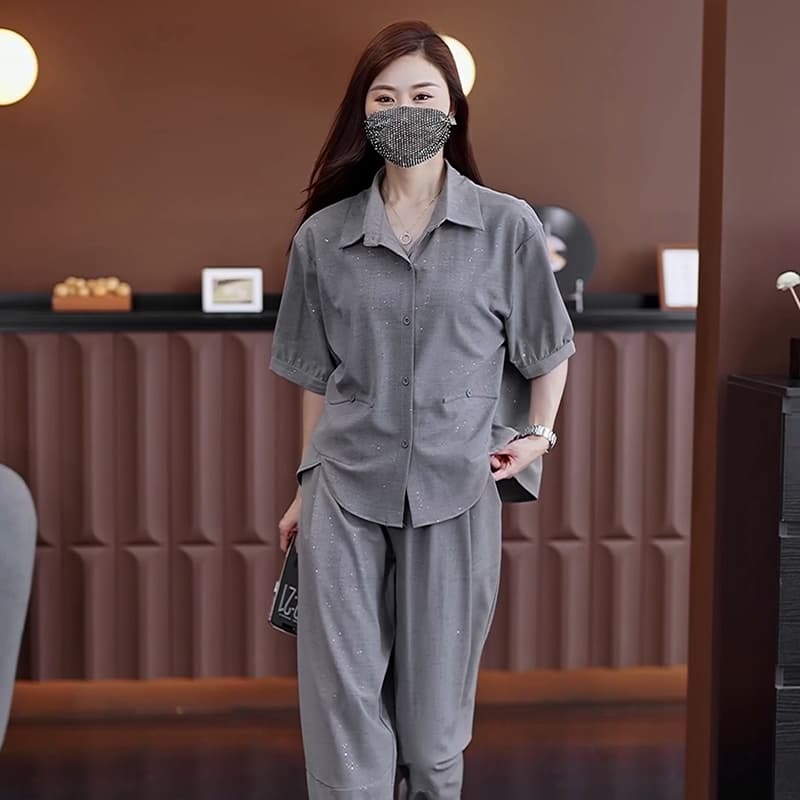 실사 2025 여름 새로운 외국 가스 세트 지방 mm 패션 좋은 플래시 셔츠 루즈핏 슬림해 보이는 연령 감소 투피스 세트 이미지 3