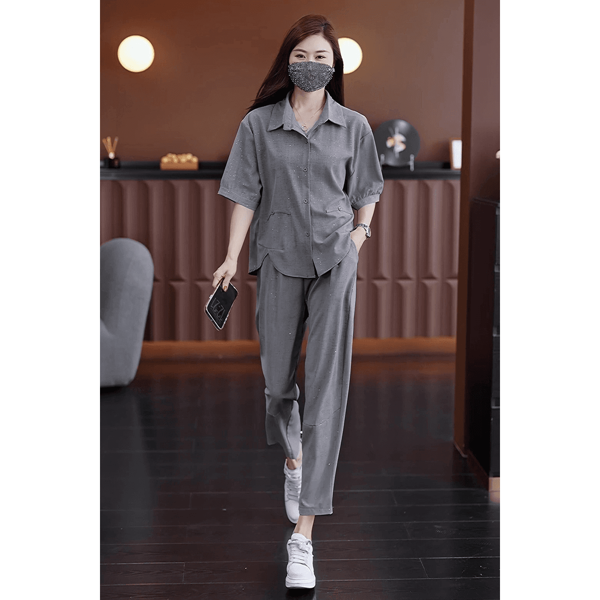실사 2025 여름 새로운 외국 가스 세트 지방 mm 패션 좋은 플래시 셔츠 루즈핏 슬림해 보이는 연령 감소 투피스 세트 이미지 6