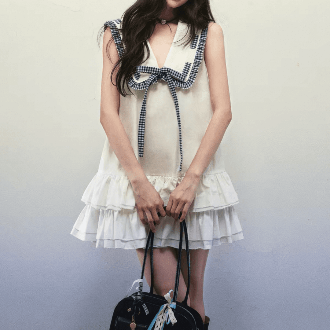 2026 화이트 해군 칼라 레이스업 민소매 여성 드레스 여름 이중층 프릴 루즈핏 한 마디 미니 스커트 상세 이미지 3