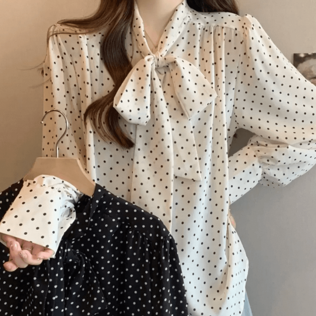 2026 가을 의상 새로운 레트로 도트 무늬 나비 넥타이 셔츠 여성 외국 가스 작은 셔츠 긴팔 루즈핏 쉬폰 톱 이미지 5