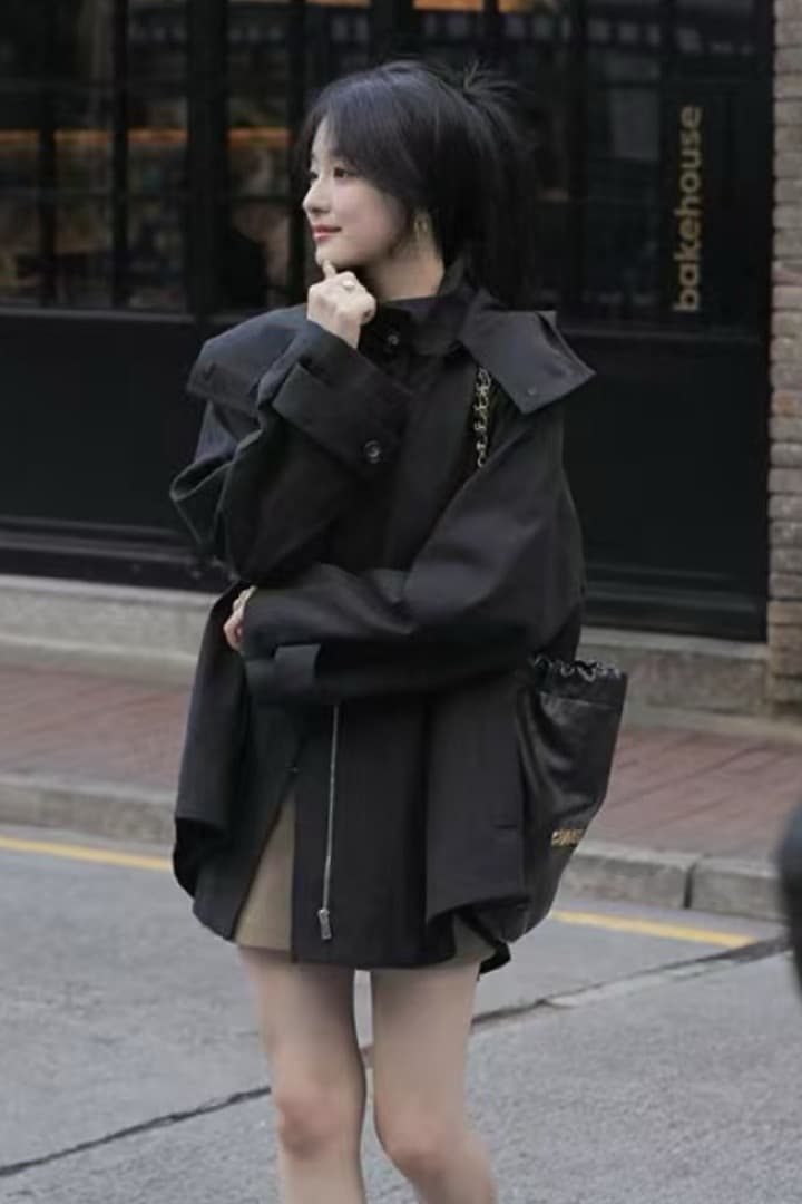 2026 영국식 바람 바람막이 여성 가을 겨울 새로운 작은 키 디자인 센스 루즈핏 후드 망토 재킷 이미지 6
