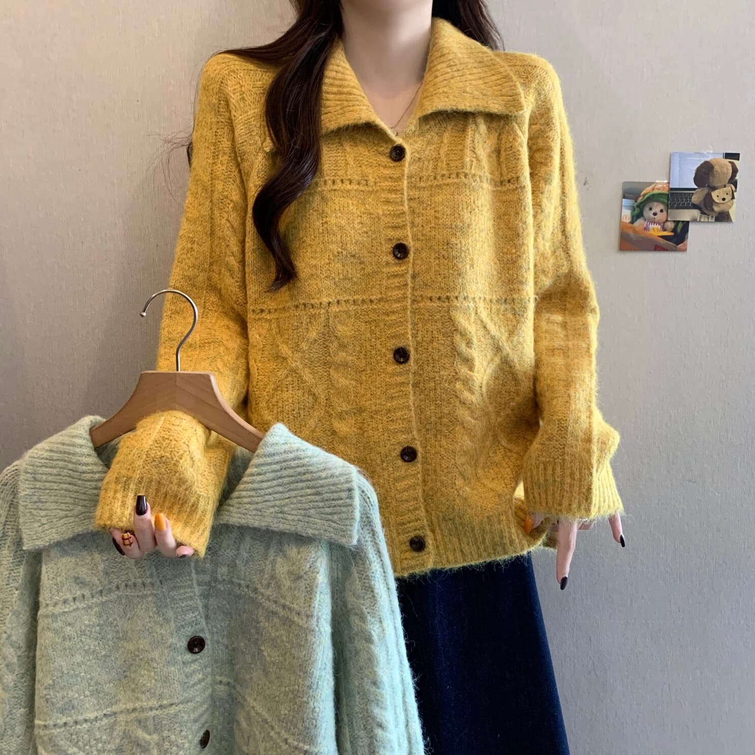 실사 빅 사이즈 여성 의류 느긋한 바람 싱글 줄 버튼 폴로 칼라 오픈 가디건 스웨터 지방 mm 와이드 부드러운 찹쌀 다용도 맨위