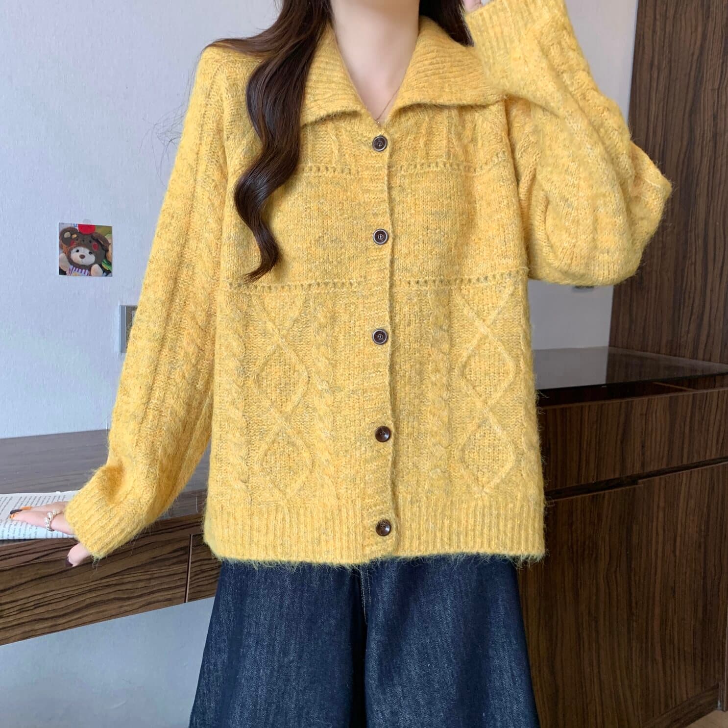 실사 빅 사이즈 여성 의류 느긋한 바람 싱글 줄 버튼 폴로 칼라 오픈 가디건 스웨터 지방 mm 와이드 부드러운 찹쌀 다용도 맨위 상세 이미지 6