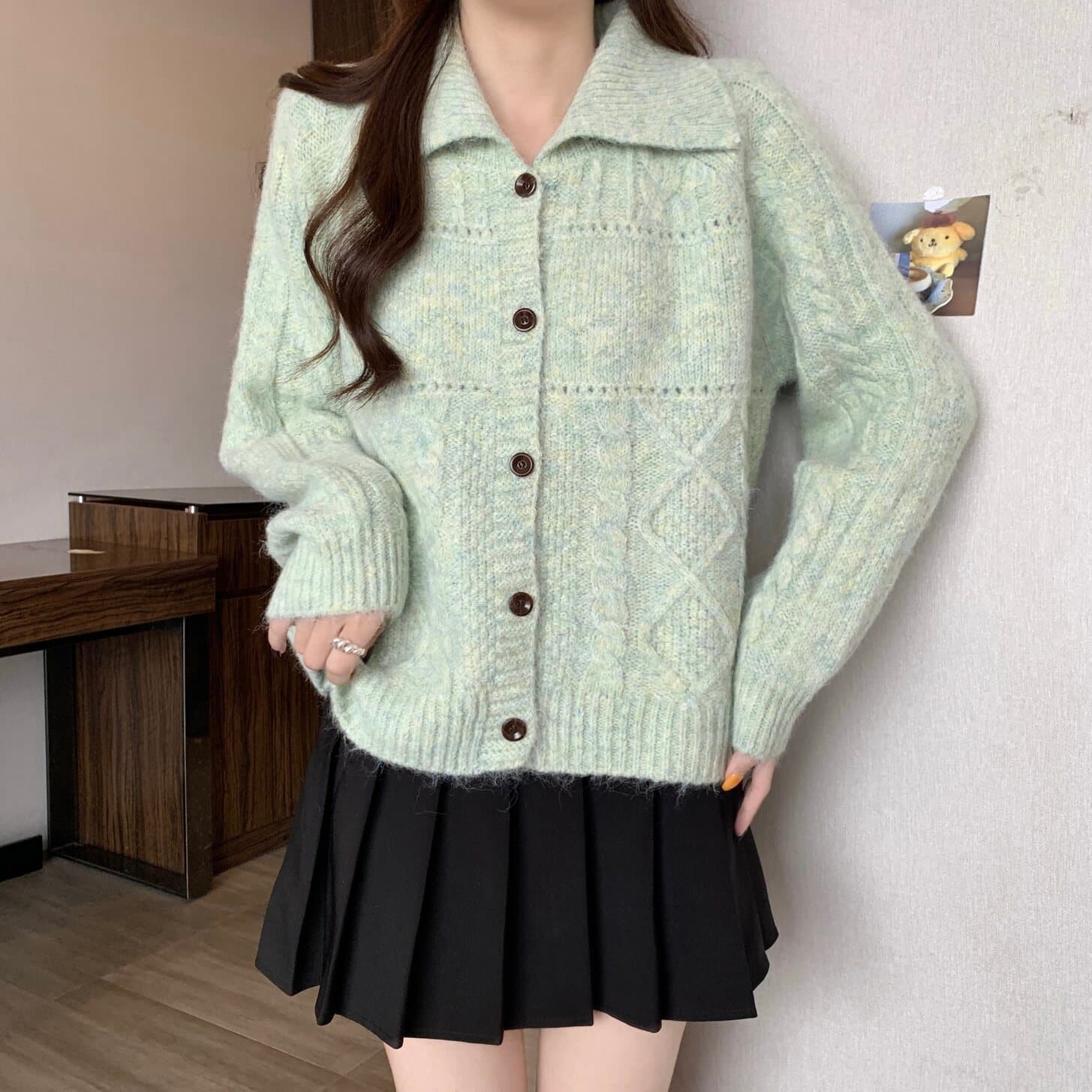 실사 빅 사이즈 여성 의류 느긋한 바람 싱글 줄 버튼 폴로 칼라 오픈 가디건 스웨터 지방 mm 와이드 부드러운 찹쌀 다용도 맨위 상세 이미지 12