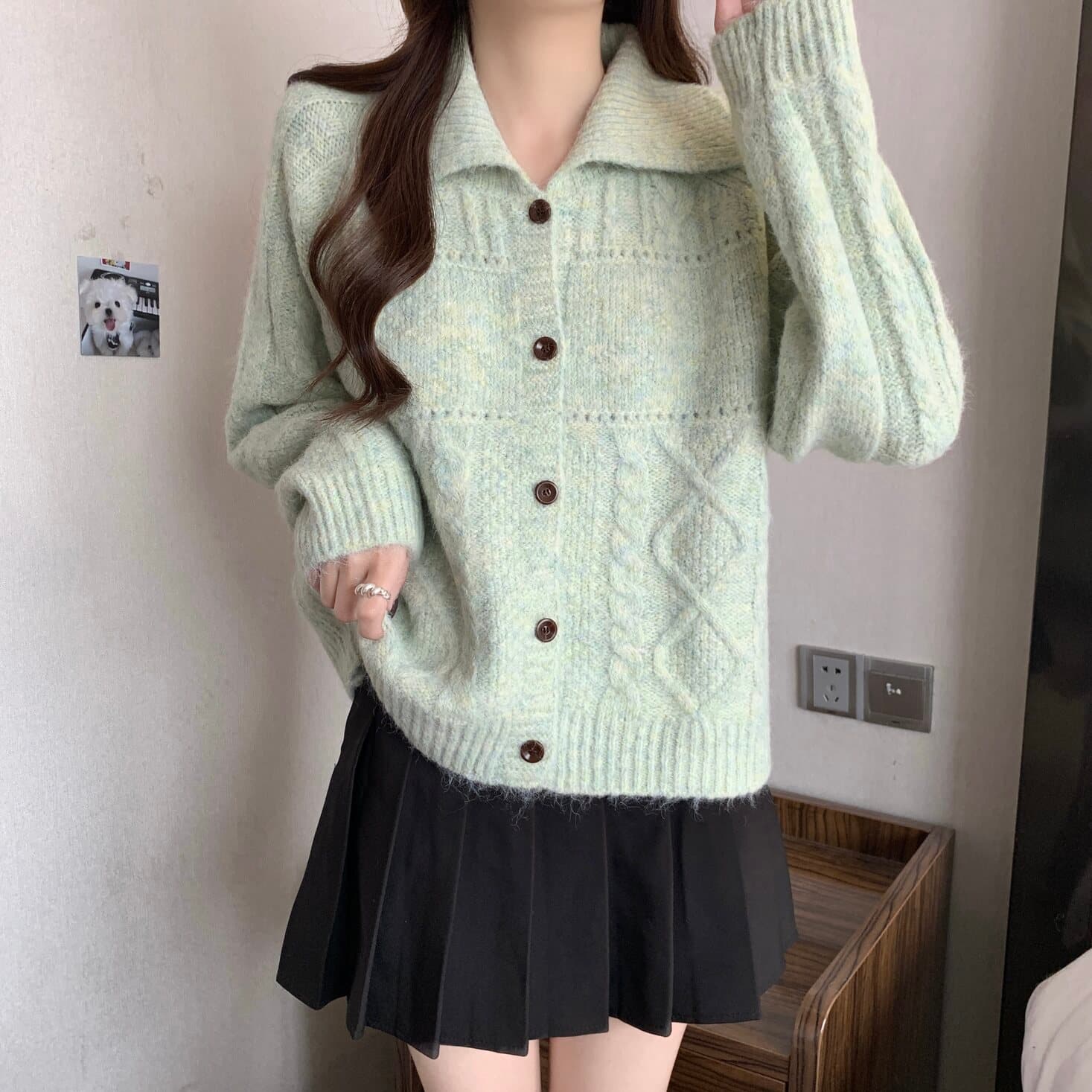 실사 빅 사이즈 여성 의류 느긋한 바람 싱글 줄 버튼 폴로 칼라 오픈 가디건 스웨터 지방 mm 와이드 부드러운 찹쌀 다용도 맨위 상세 이미지 13