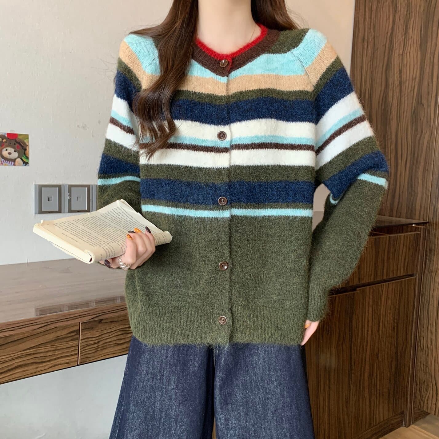 실사 빅 사이즈 여성 의류 레트로 배색 스트라이프 라운드 넥 오픈 가디건 스웨터 지방 mm 루즈핏 다용도 부드러운 찹쌀 맨위 상세 이미지 4