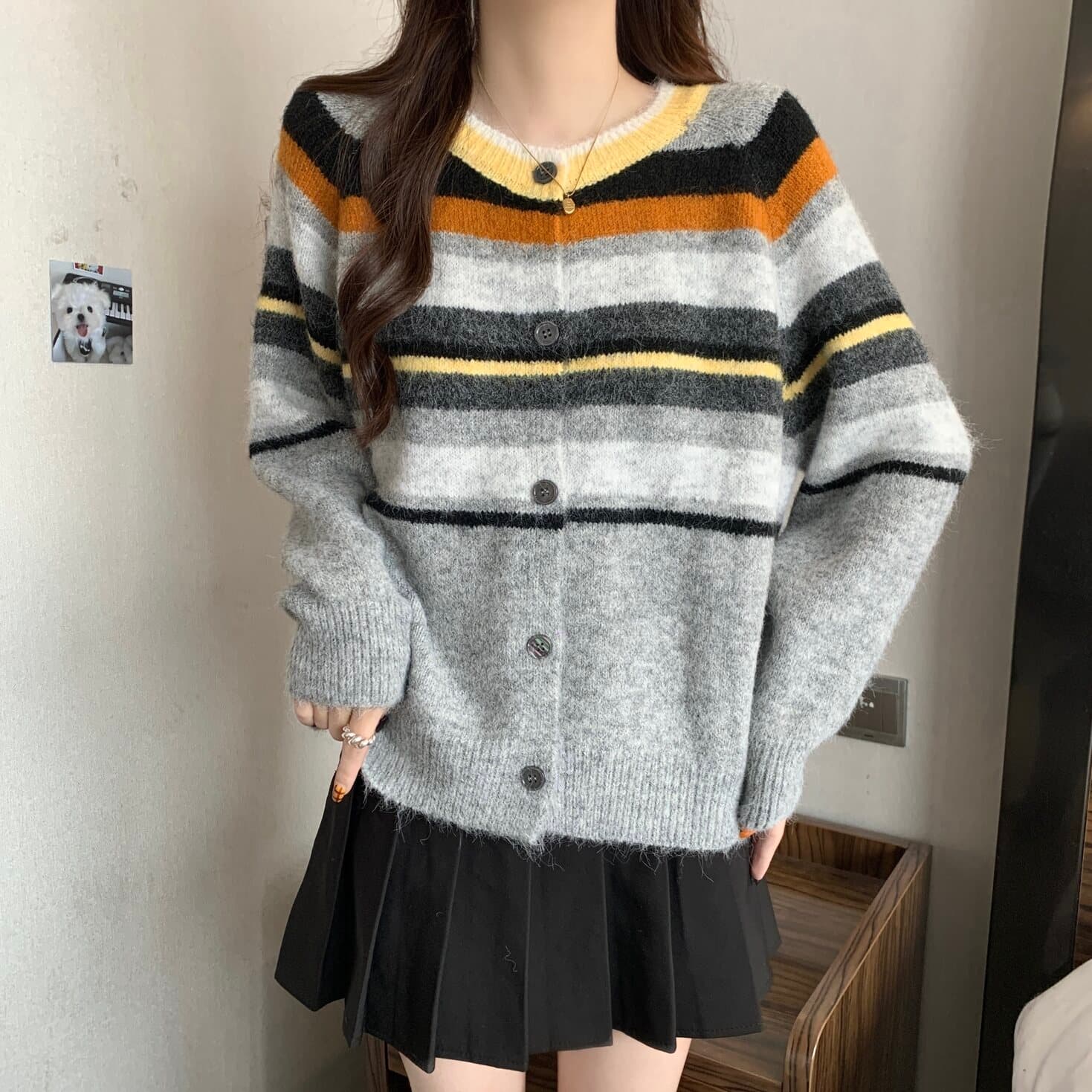 실사 빅 사이즈 여성 의류 레트로 배색 스트라이프 라운드 넥 오픈 가디건 스웨터 지방 mm 루즈핏 다용도 부드러운 찹쌀 맨위 상세 이미지 13