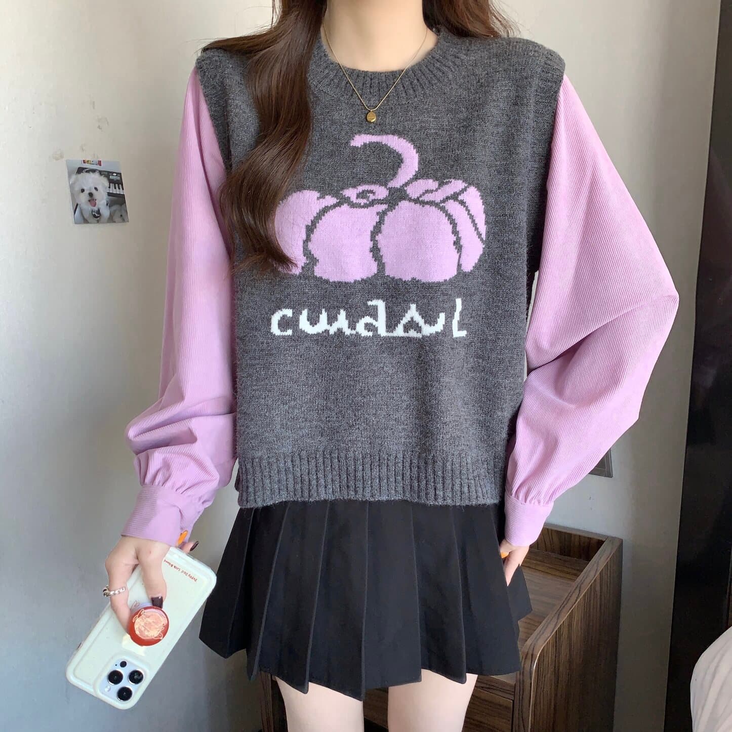 실사 빅 사이즈 여성 의류 디자인 센스 코듀로이 페이크 레이어드 호박 자카드 풀오버 지방 mm 다용도 맨위 상세 이미지 6