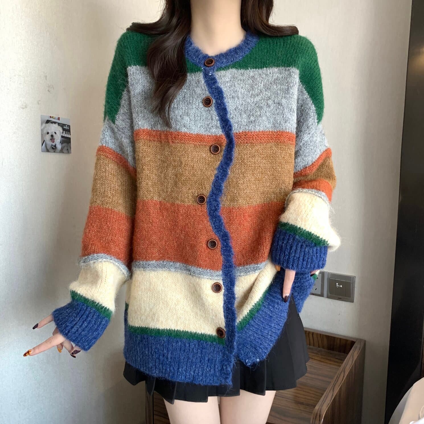 실사 빅 사이즈 여성 의류 일본식 느긋한 바람 배색 스트라이프 디자인 센스 스웨터 코트 지방 mm 다용도 맨위 이미지 4