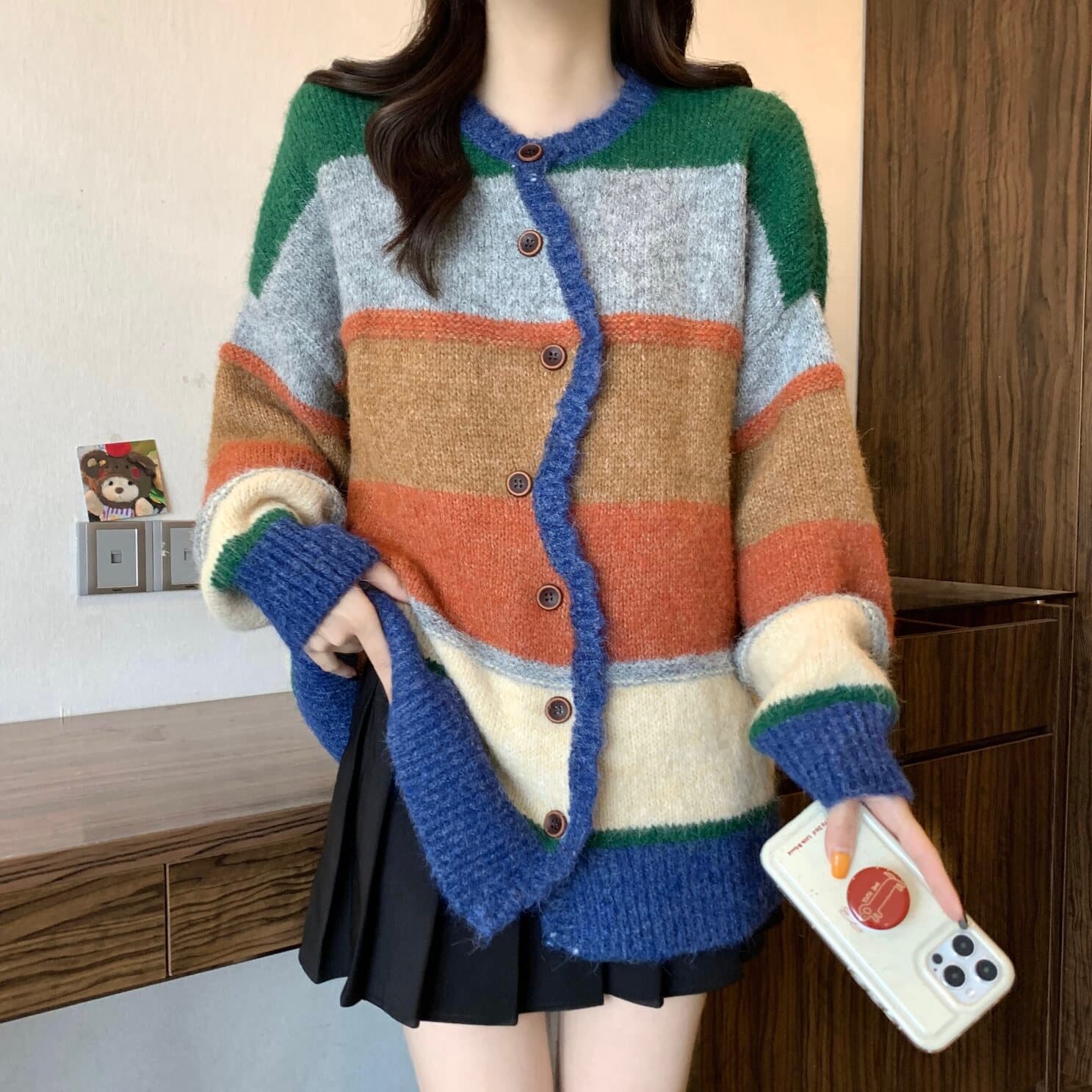 실사 빅 사이즈 여성 의류 일본식 느긋한 바람 배색 스트라이프 디자인 센스 스웨터 코트 지방 mm 다용도 맨위 이미지 5
