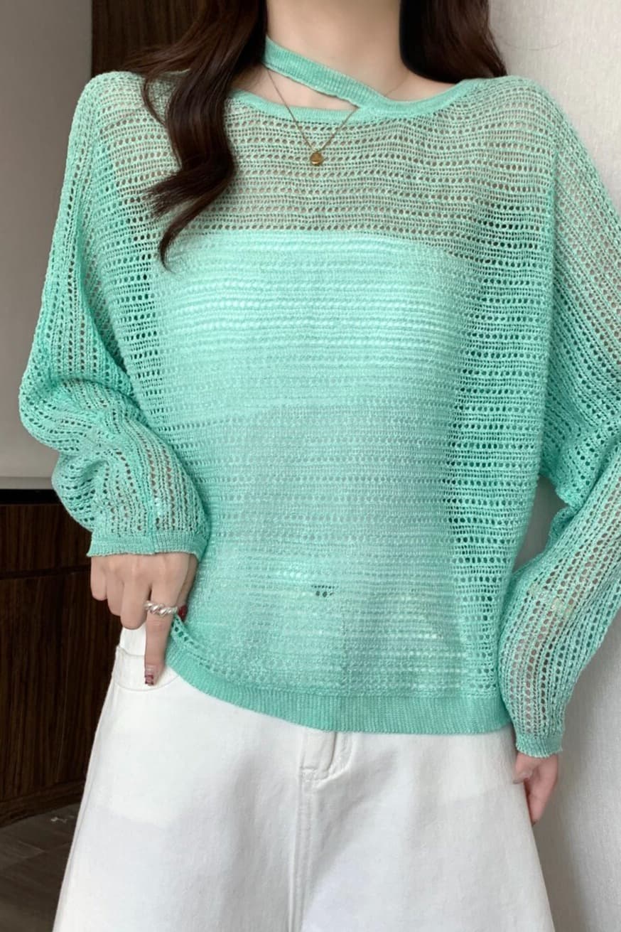 실사 빅 사이즈 여성 의류 홀로우 아웃 자수 긴팔 니트 스웨터 지방 mm 느긋한 다용도 자외선 차단 블라우스 맨위 이미지 6