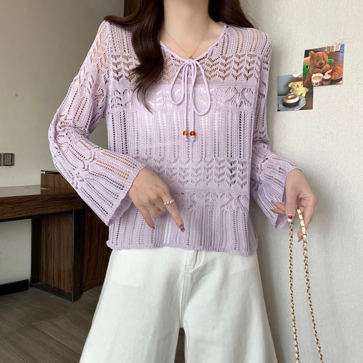 실사 빅 사이즈 여성 의류 달콤함 홀로우 아웃 자수 레이스업 니트 스웨터 지방 mm 느긋한 다용도 맨위 상세 이미지 10