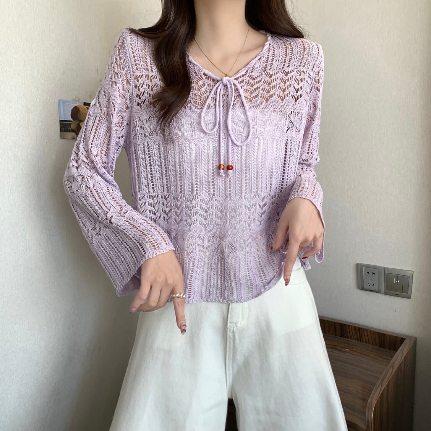 실사 빅 사이즈 여성 의류 달콤함 홀로우 아웃 자수 레이스업 니트 스웨터 지방 mm 느긋한 다용도 맨위 상세 이미지 13