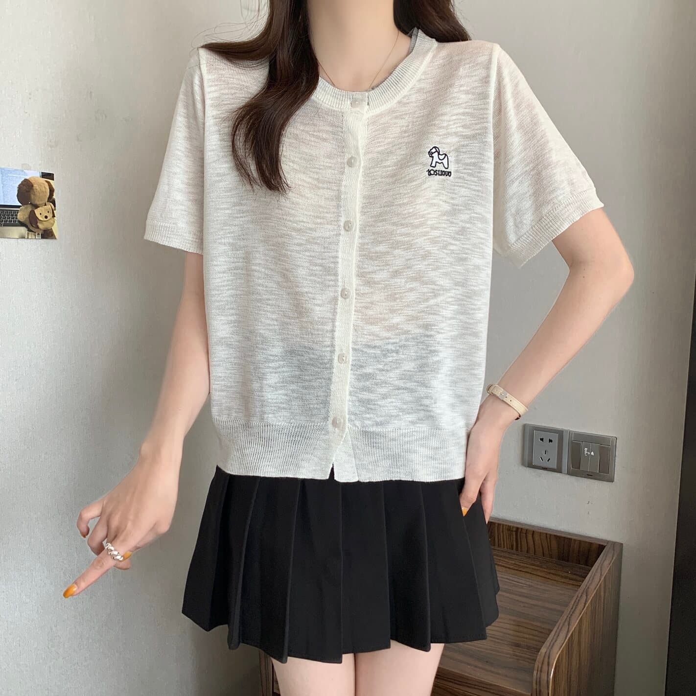 실사 빅 사이즈 여성 의류 한 부서 라운드 넥 작은 말 자수 대나무 마디 마 니트 오픈 가디건 지방 mm 루즈핏 다용도 맨위 이미지 2