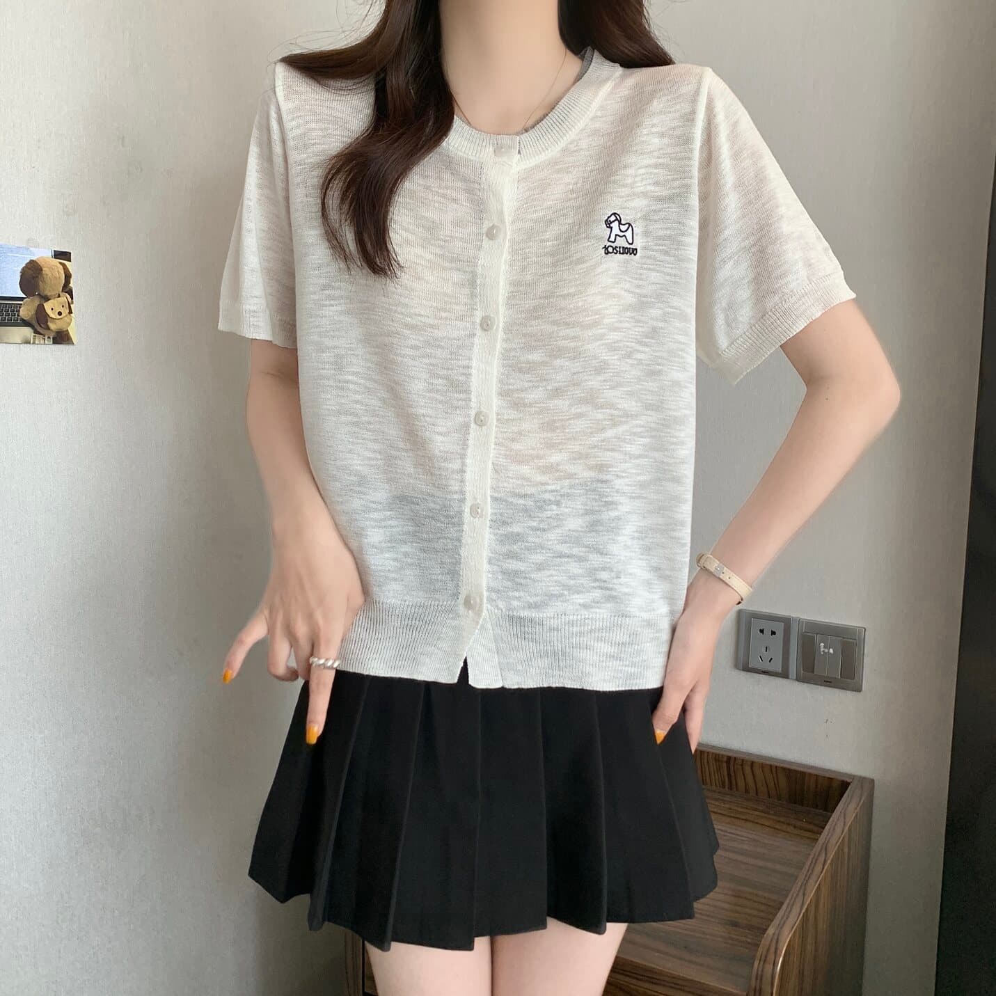 실사 빅 사이즈 여성 의류 한 부서 라운드 넥 작은 말 자수 대나무 마디 마 니트 오픈 가디건 지방 mm 루즈핏 다용도 맨위 상세 이미지 3