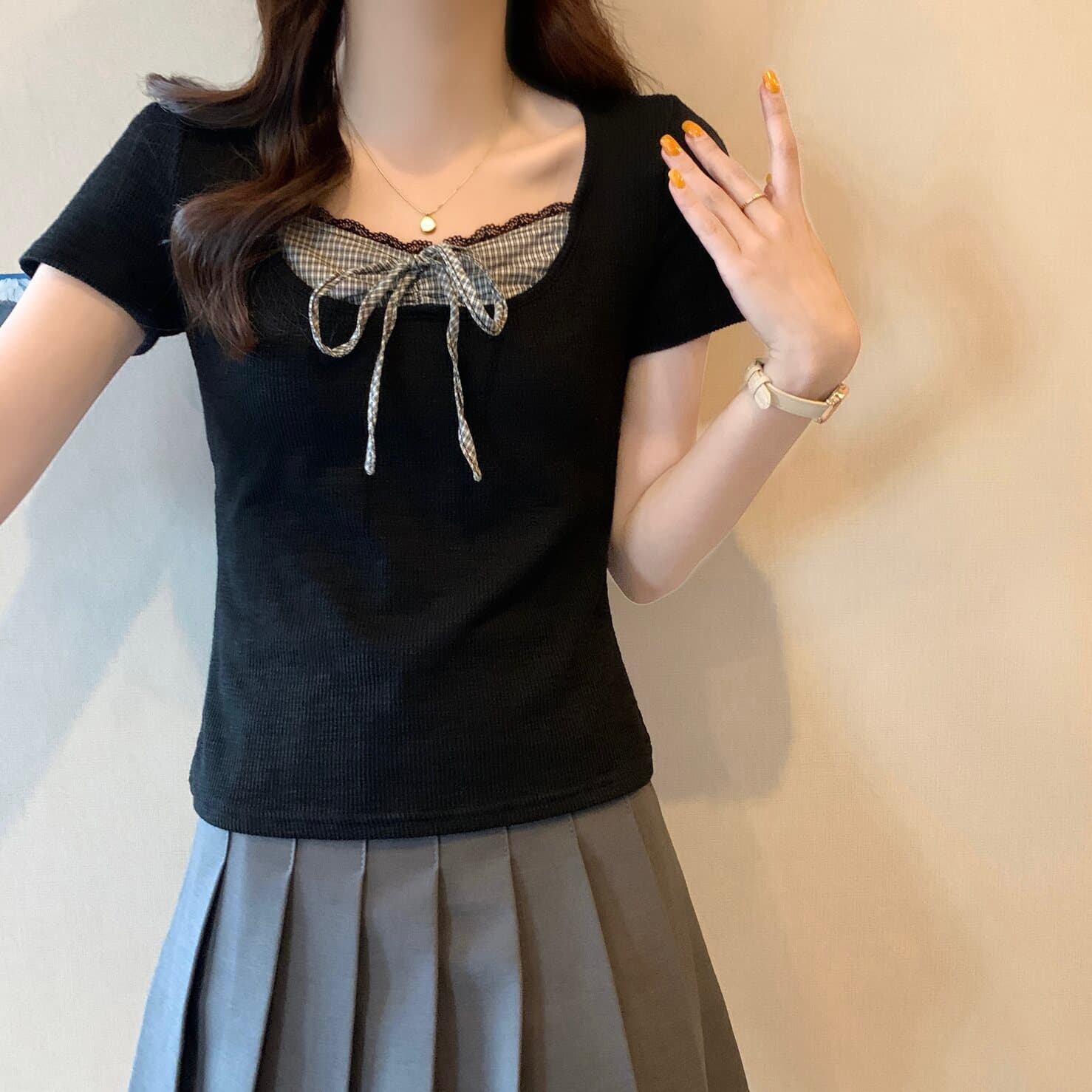실사 빅 사이즈 여성 의류 페이크 레이어드 광장 칼라 체크무늬 레이스업 티셔츠 지방 mm 몸매 가꾸기 슬림해 보이는 다용도 맨위 상세 이미지 9
