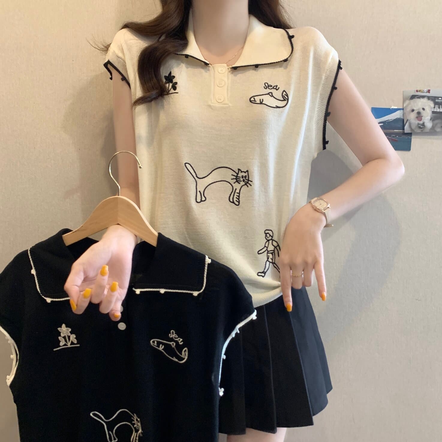 실사 빅 사이즈 여성 의류 한 부서 달콤함 새끼 고양이 자수 베이비 칼라 민소매 니트 스웨터 지방 mm 다용도 맨위 상세 이미지 2