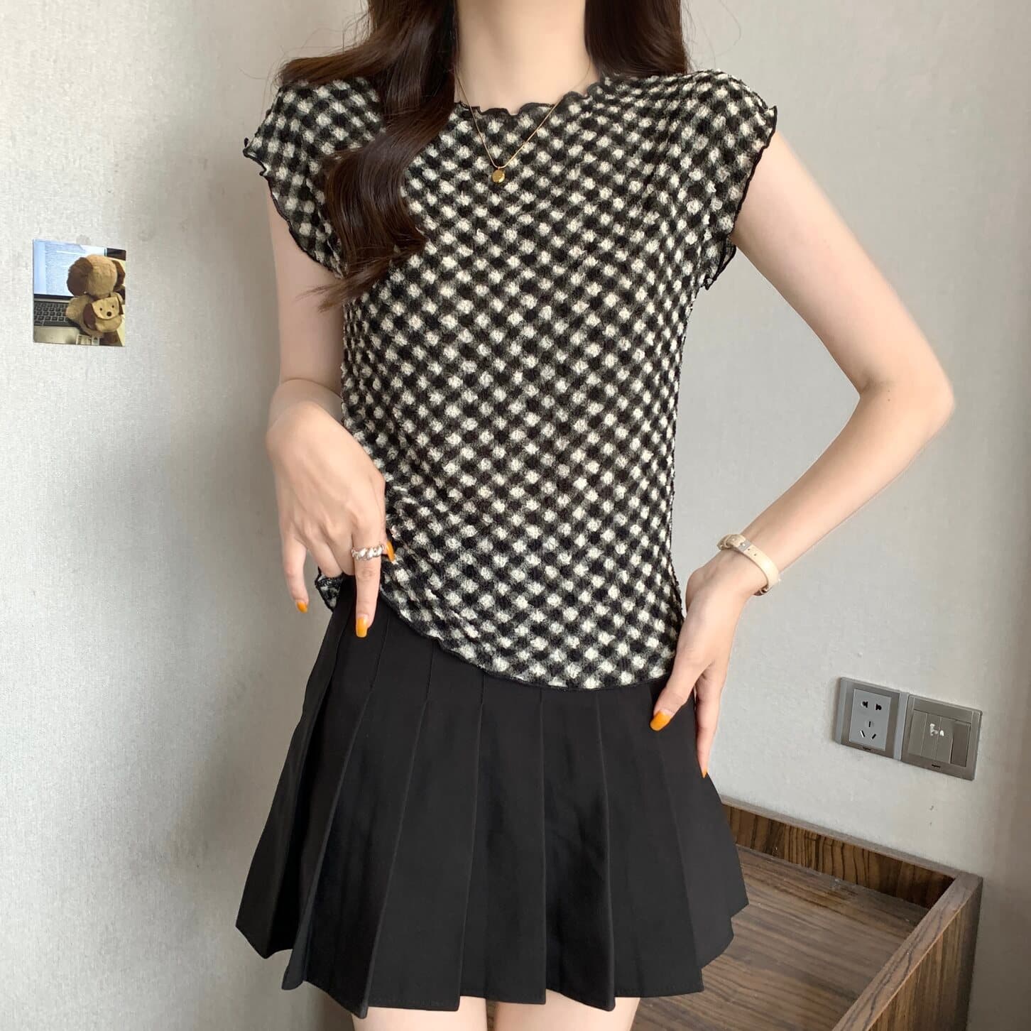 실사 빅 사이즈 여성 의류 볼륨 측면 질감 센스 주름 체크무늬 반팔 티셔츠 지방 mm 몸매 가꾸기 슬림해 보이는 다용도 맨위 상세 이미지 3