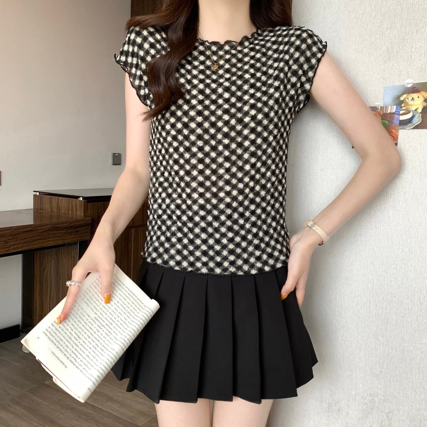 실사 빅 사이즈 여성 의류 볼륨 측면 질감 센스 주름 체크무늬 반팔 티셔츠 지방 mm 몸매 가꾸기 슬림해 보이는 다용도 맨위 상세 이미지 7