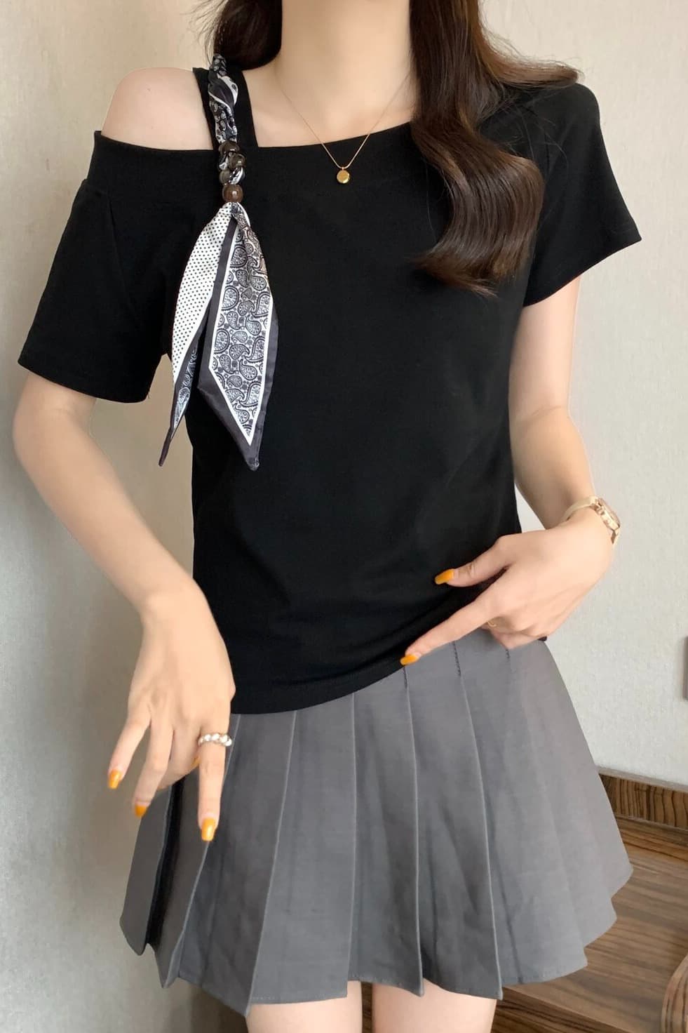 실사 빅 사이즈 여성 의류 디자인 센스 비스듬한 어깨 스카프 레이스업 반팔 티셔츠 지방 mm 몸매 가꾸기 슬림해 보이는 다용도 맨위 이미지 6