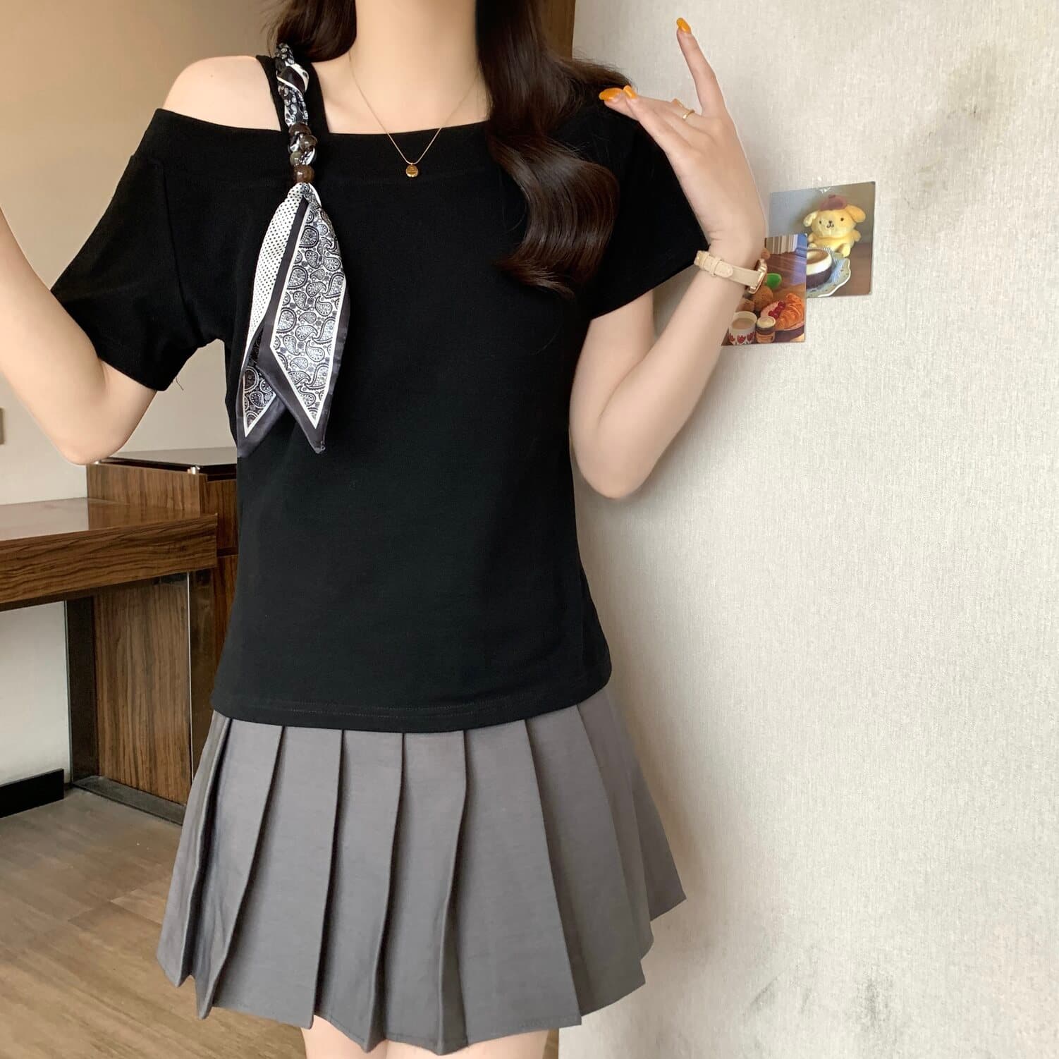 실사 빅 사이즈 여성 의류 디자인 센스 비스듬한 어깨 스카프 레이스업 반팔 티셔츠 지방 mm 몸매 가꾸기 슬림해 보이는 다용도 맨위 상세 이미지 8