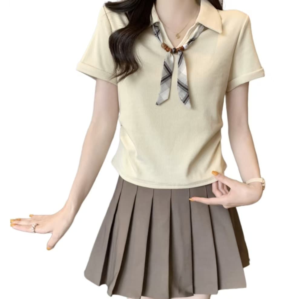 실사 빅 사이즈 여성 의류 디자인 센스 스카프 넥타이 살구 색상 POLO 칼라 티셔츠 지방 mm 허리 수축 슬림해 보이는 다용도 맨위 이미지 5