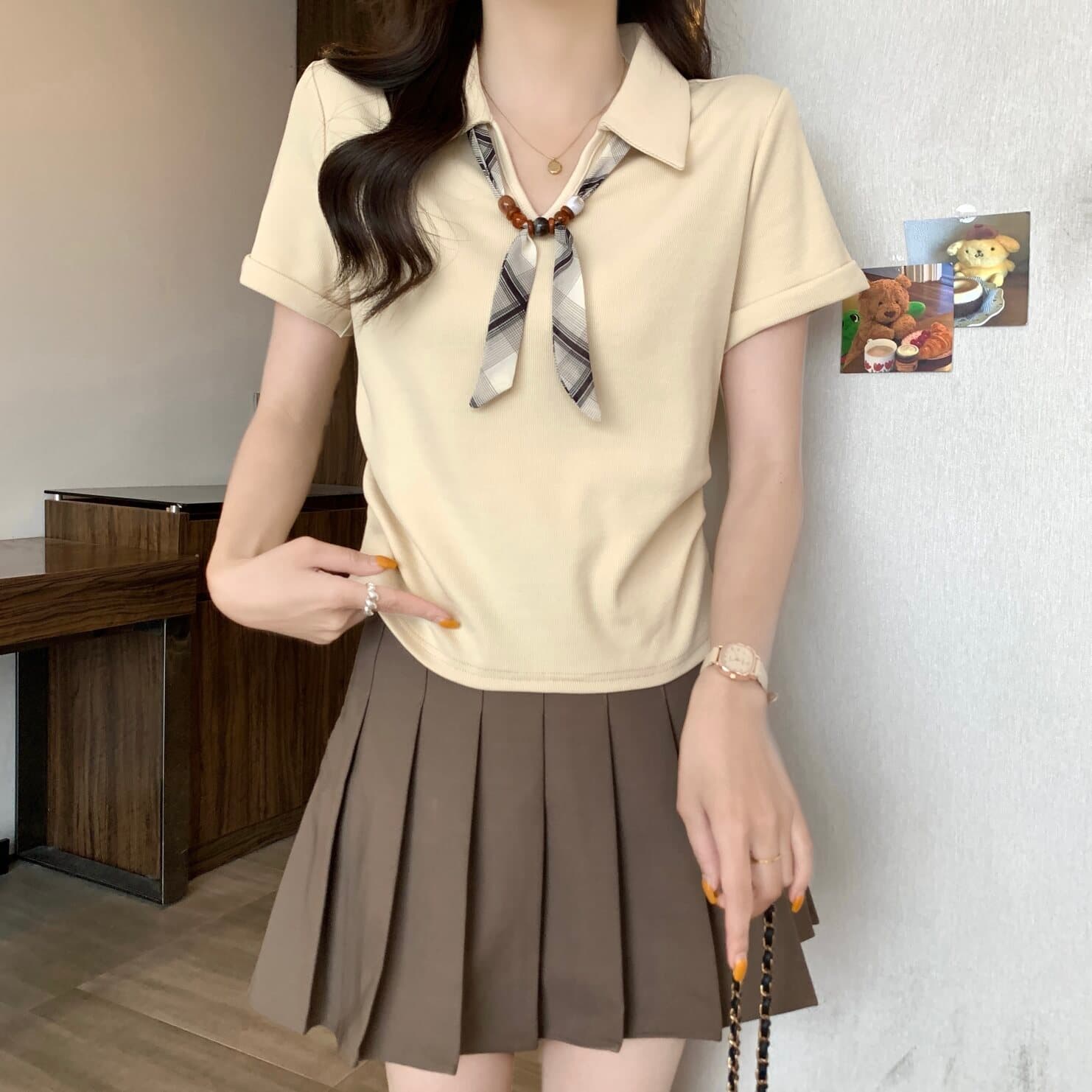 실사 빅 사이즈 여성 의류 디자인 센스 스카프 넥타이 살구 색상 POLO 칼라 티셔츠 지방 mm 허리 수축 슬림해 보이는 다용도 맨위 상세 이미지 3
