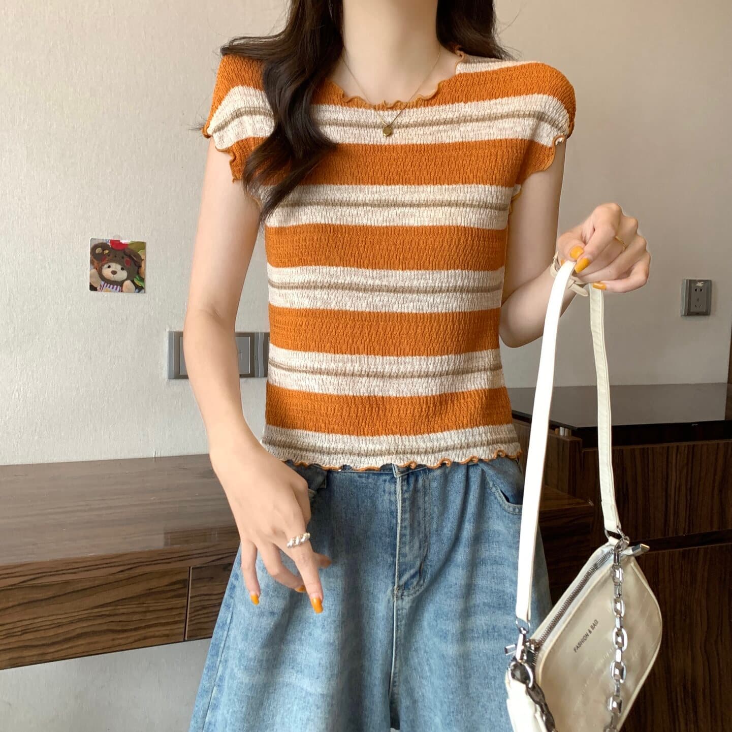 실사 빅 사이즈 여성 의류 한 부서 프릴 스트라이프 심지어 어깨 소매 짠 셔츠 지방 mm 다용도 몸매 가꾸기 맨위 상세 이미지 5