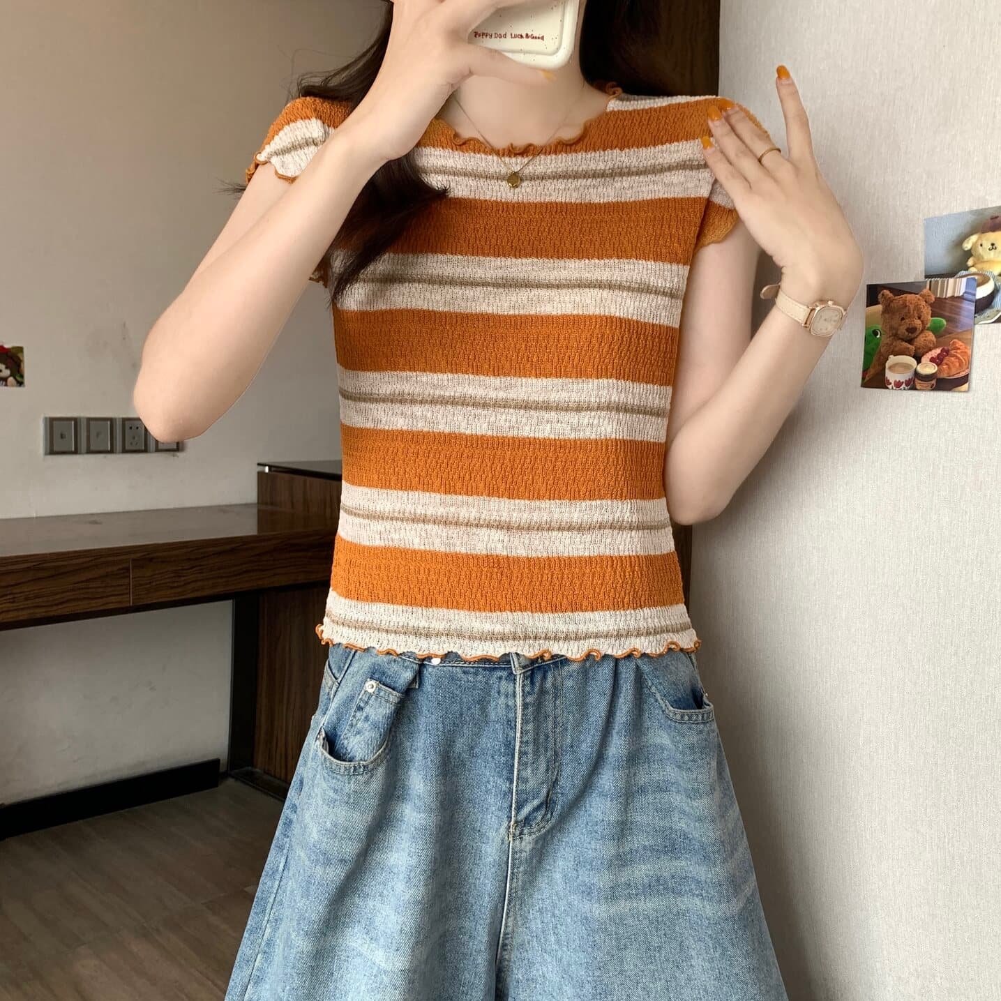 실사 빅 사이즈 여성 의류 한 부서 프릴 스트라이프 심지어 어깨 소매 짠 셔츠 지방 mm 다용도 몸매 가꾸기 맨위 상세 이미지 8