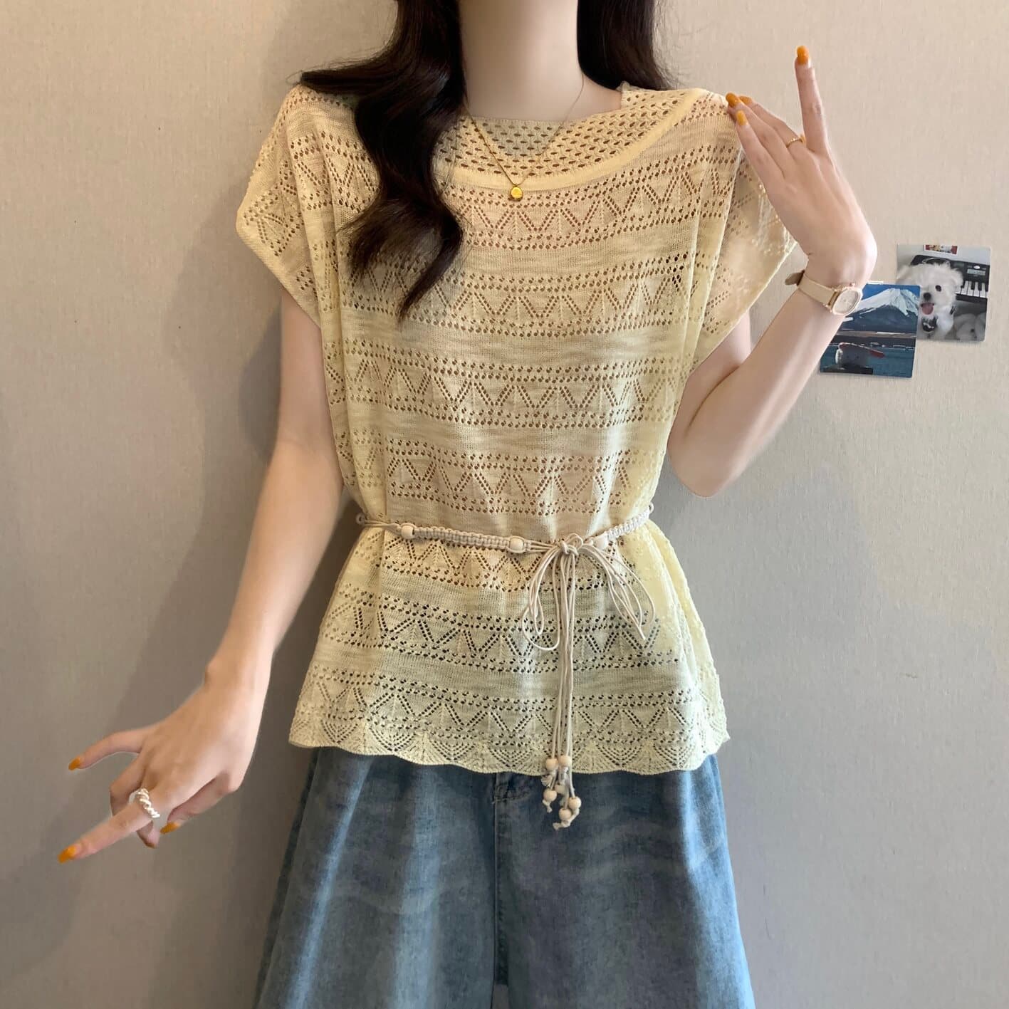 실사 빅 사이즈 여성 의류 한 부서 느긋한 홀로우 아웃 라운드 넥 니트 스웨터 지방 mm 다용도 맨위 벨트 포함 상세 이미지 16