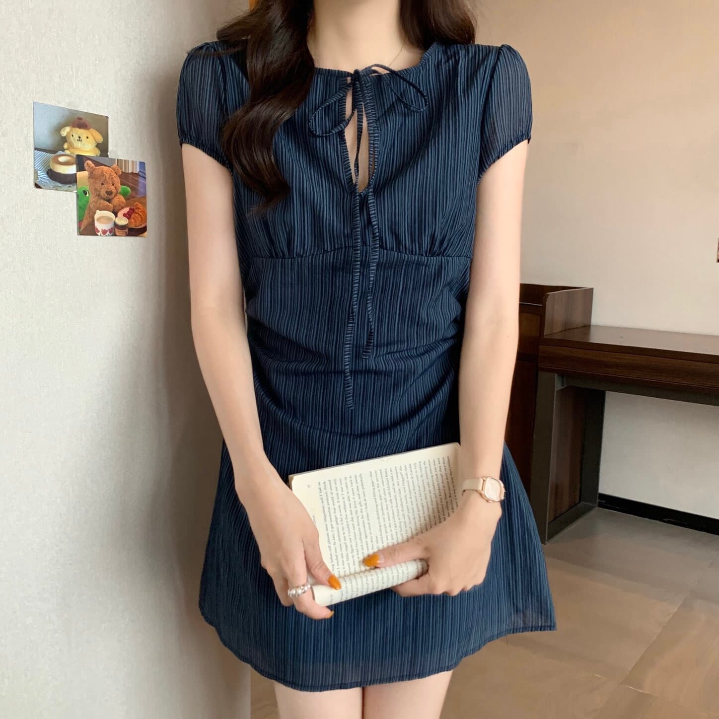 실사 빅 사이즈 여성 의류 한 부서 레트로 홀로우 아웃 레이스업 나비 매듭 드레스 지방 mm 허리 수축 슬림해 보이는 미니 스커트 상세 이미지 7
