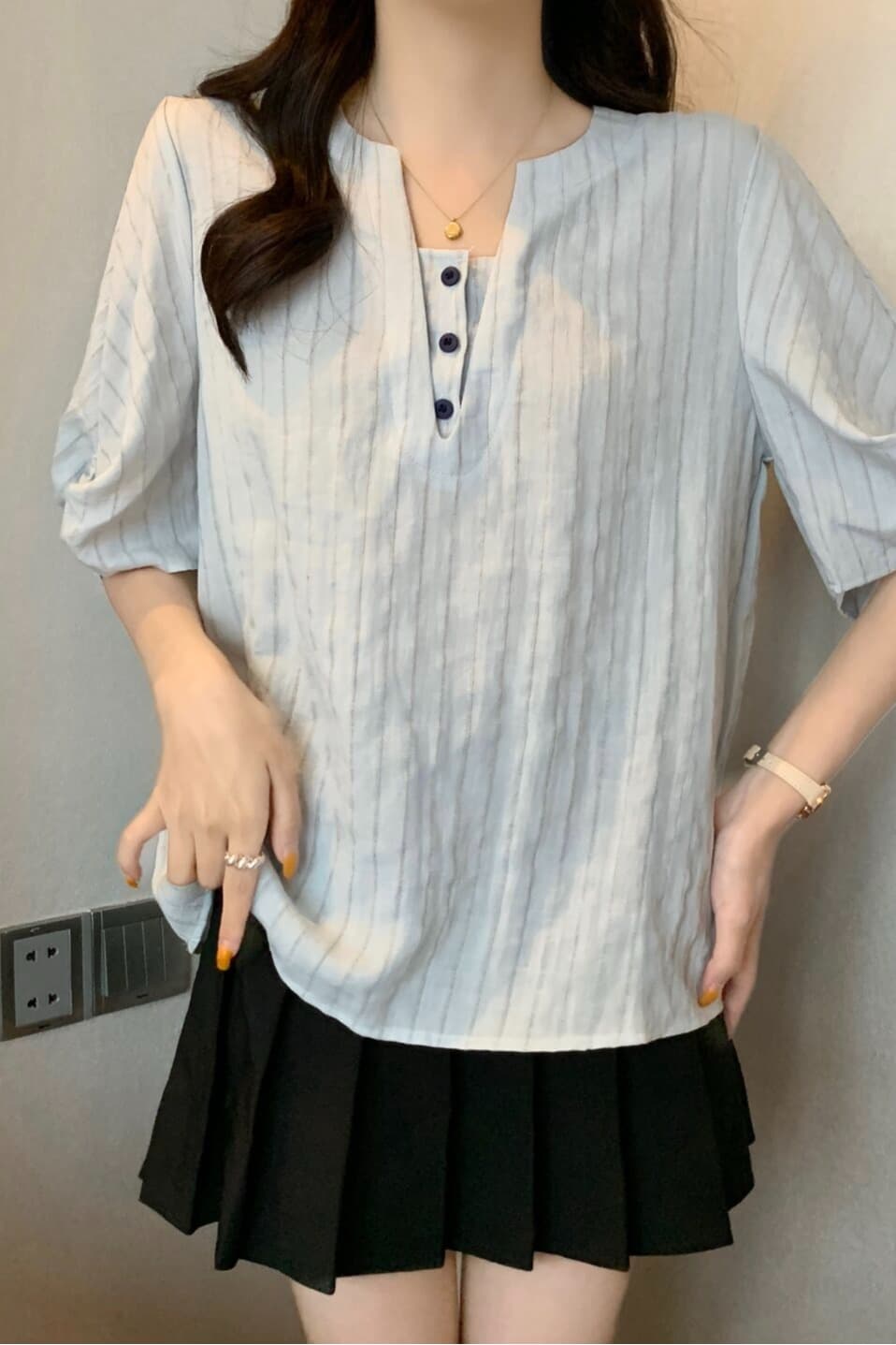 실사 빅 사이즈 여성 의류 프랑스식 루즈핏 느긋한 셔츠 지방 mm 품격 출퇴근 파란색 맨위 이미지 6