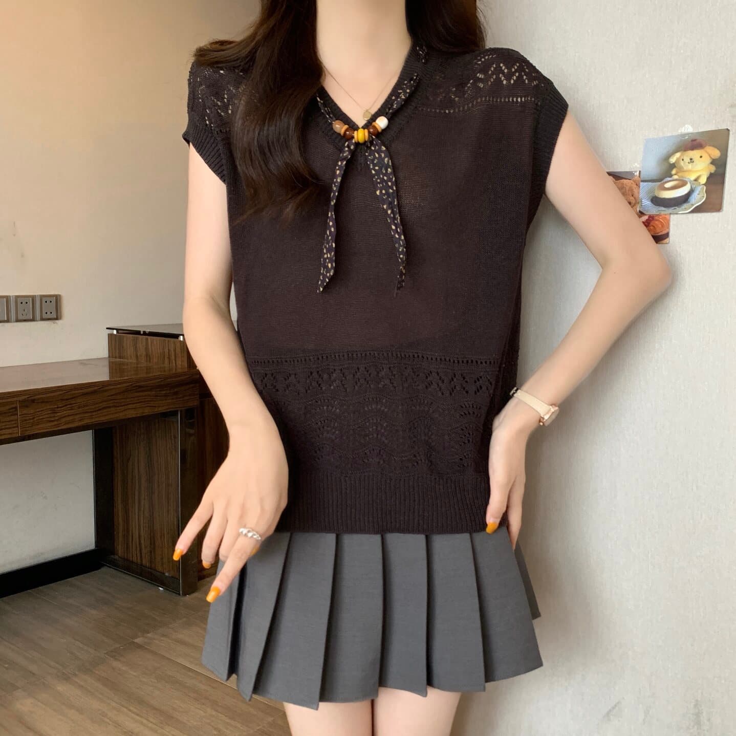 실사 빅 사이즈 여성 의류 한 부서 스카프 V넥 홀로우 아웃 얇은 스타일 니트 스웨터 지방 mm 슬림해 보이는 다용도 맨위 상세 이미지 16