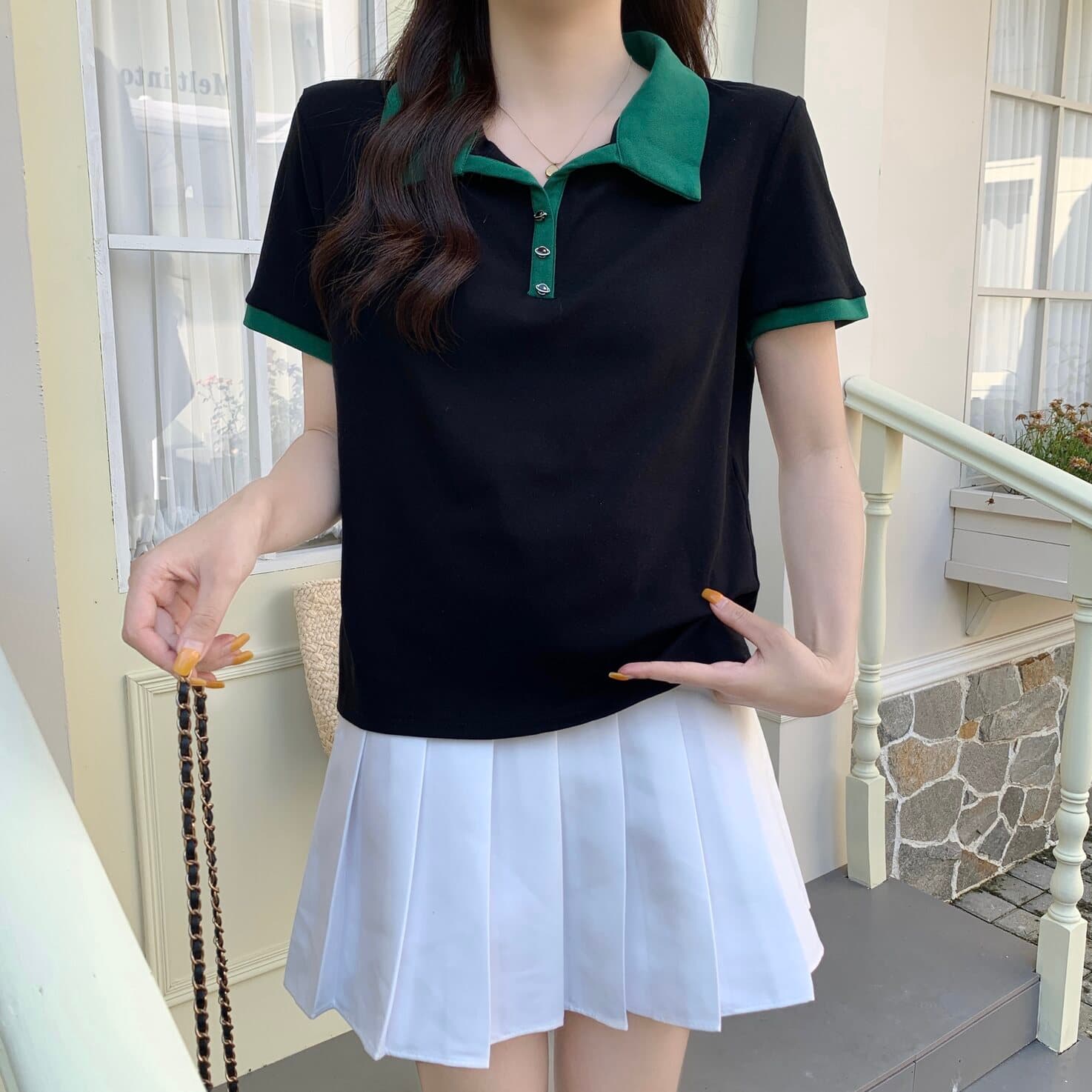 실사 빅 사이즈 여성 의류 검정색 POLO 셔츠 반팔 긍정적 인 어깨 티셔츠 지방 mm 배색 루즈핏 다용도 맨위