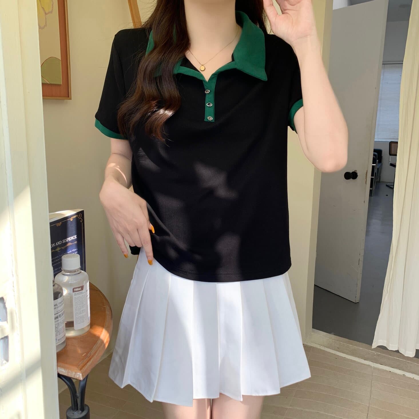 실사 빅 사이즈 여성 의류 검정색 POLO 셔츠 반팔 긍정적 인 어깨 티셔츠 지방 mm 배색 루즈핏 다용도 맨위 상세 이미지 7