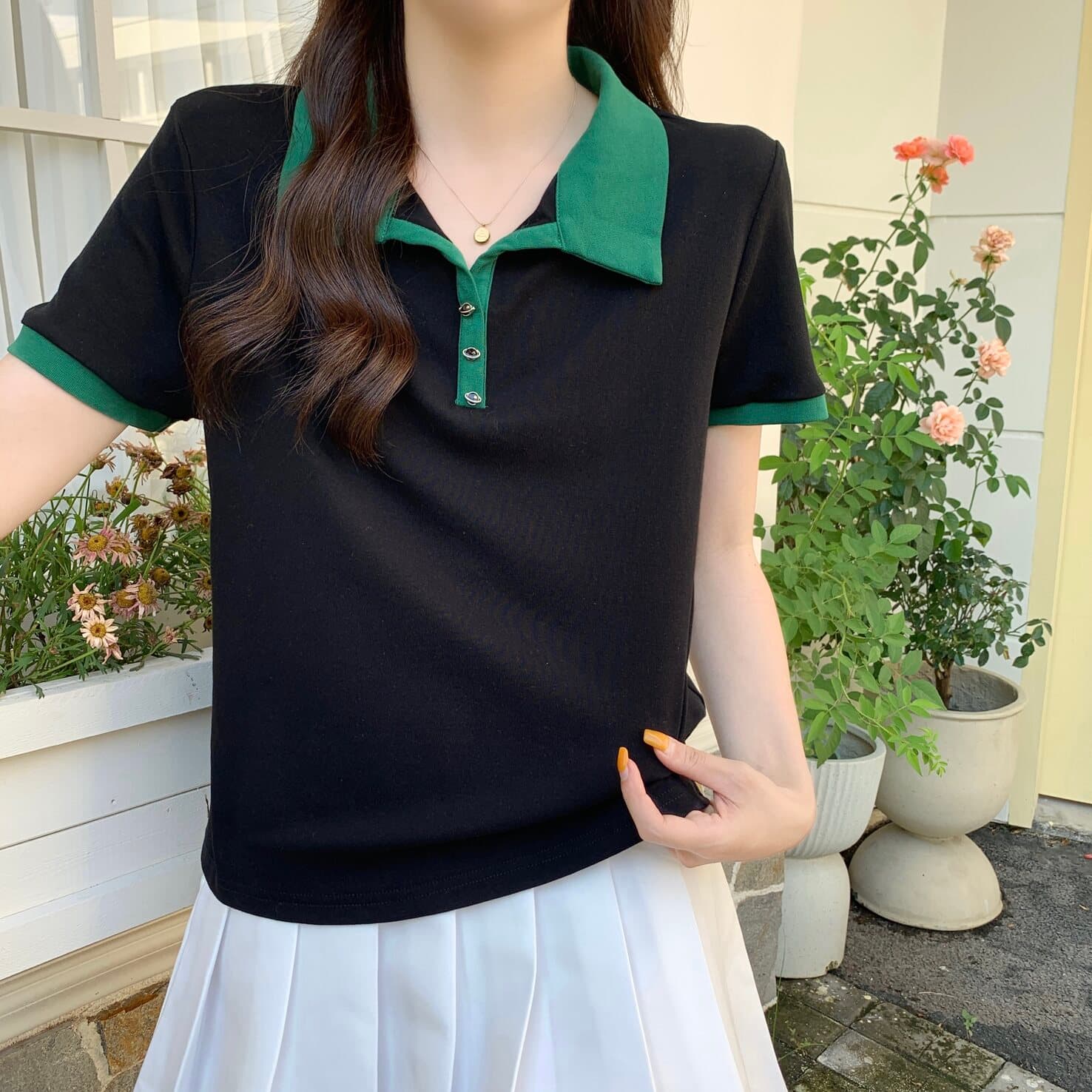 실사 빅 사이즈 여성 의류 검정색 POLO 셔츠 반팔 긍정적 인 어깨 티셔츠 지방 mm 배색 루즈핏 다용도 맨위 상세 이미지 10