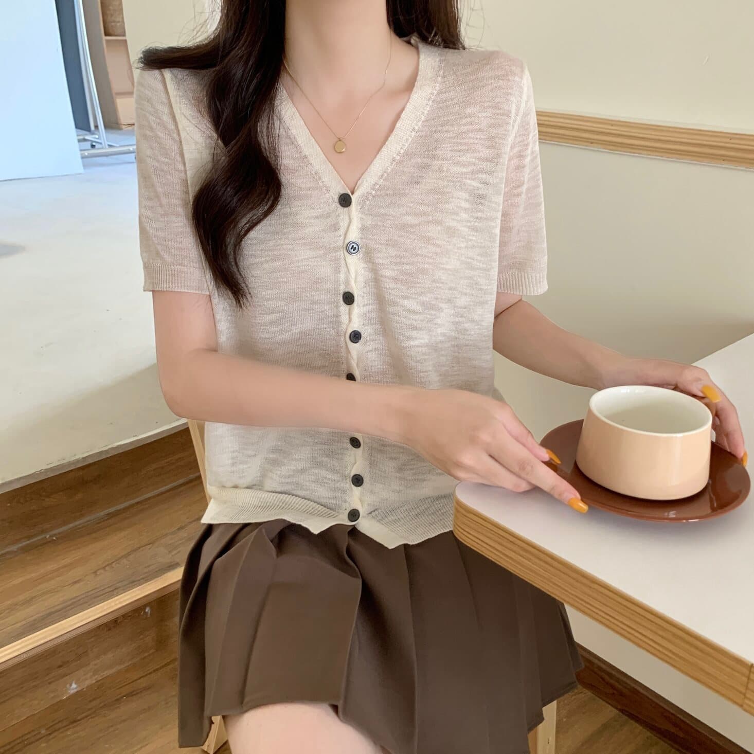 실사 빅 사이즈 여성 의류 한 부서 디자인 센스 단추 아마 V넥 니트 스웨터 지방 mm 슬림해 보이는 다용도 맨위 이미지 4