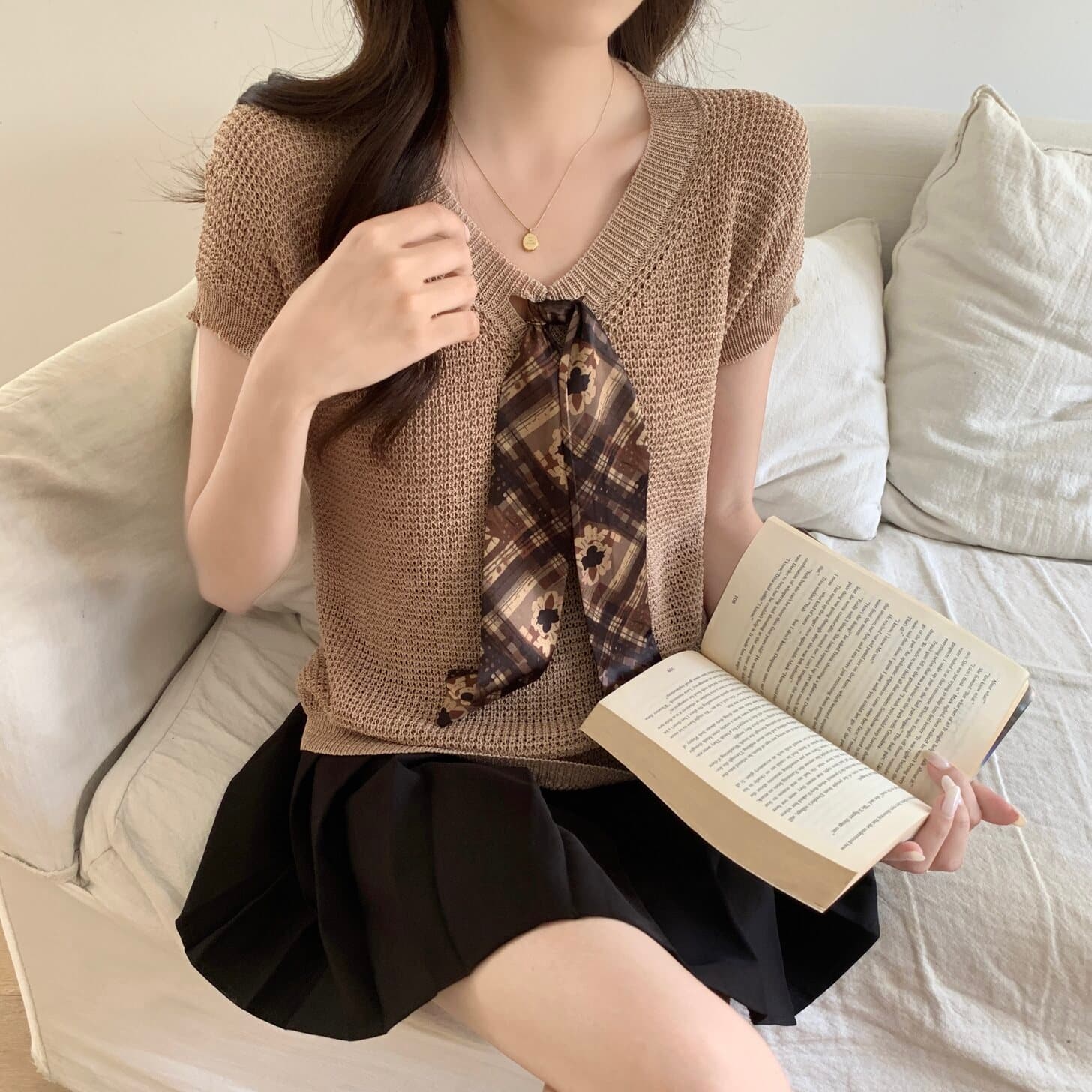 실사 빅 사이즈 여성 의류 복잡한 고대 돈 바람 V넥 스카프 넥타이 니트 스웨터 지방 mm 몸매 가꾸기 슬림해 보이는 다용도 맨위 상세 이미지 16