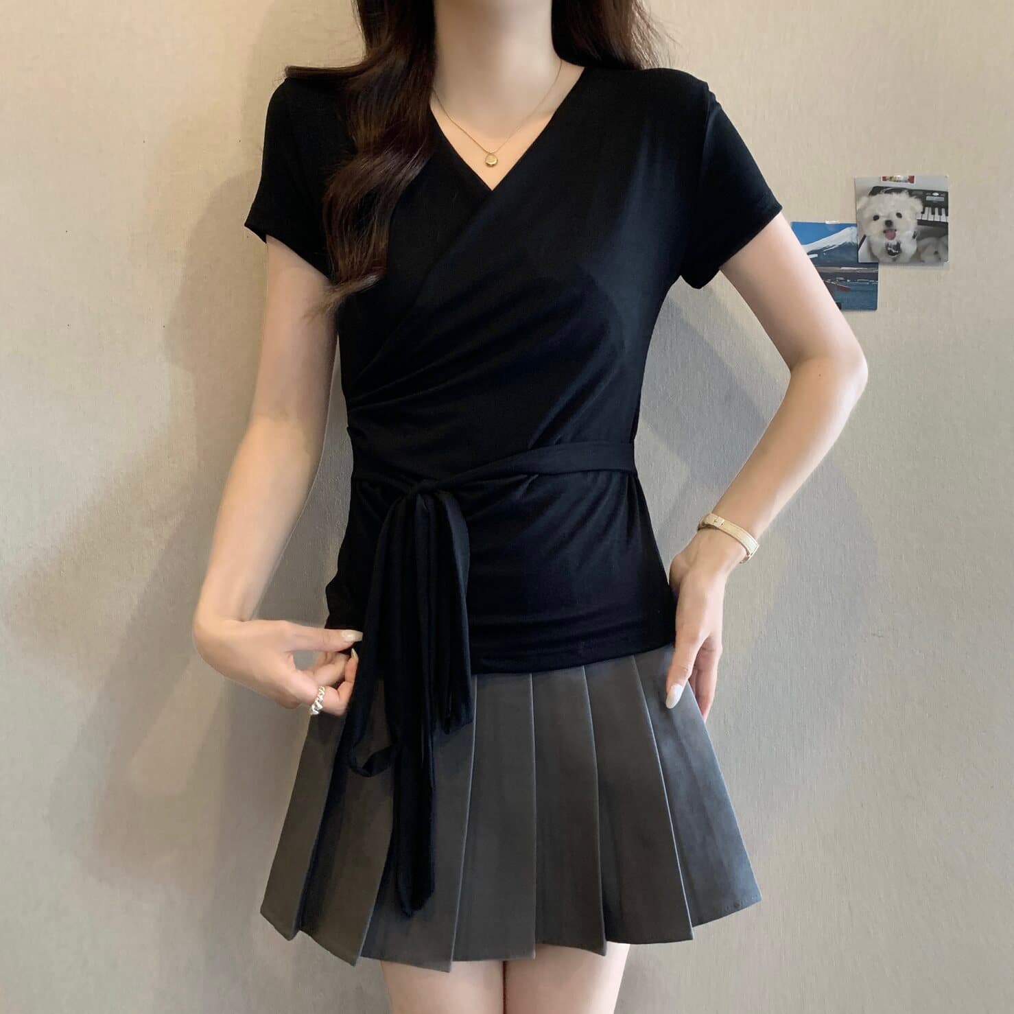실사 빅 사이즈 여성 의류 검정색 십자가 칼라 스트랩 긍정적 인 어깨 반팔 티셔츠 지방 mm 허리 수축 슬림해 보이는 다용도 허리 수축 상세 이미지 7
