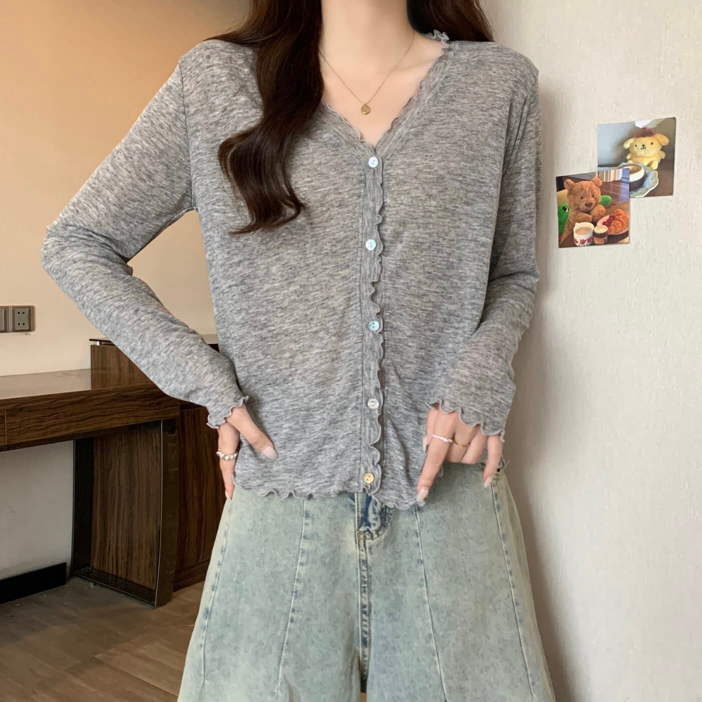실사 빅 사이즈 여성 의류 프릴 부드럽다 긴팔 니트 오픈 가디건 지방 mm 자외선 차단 통기성 얇은 스타일 에어컨 셔츠 상세 이미지 11