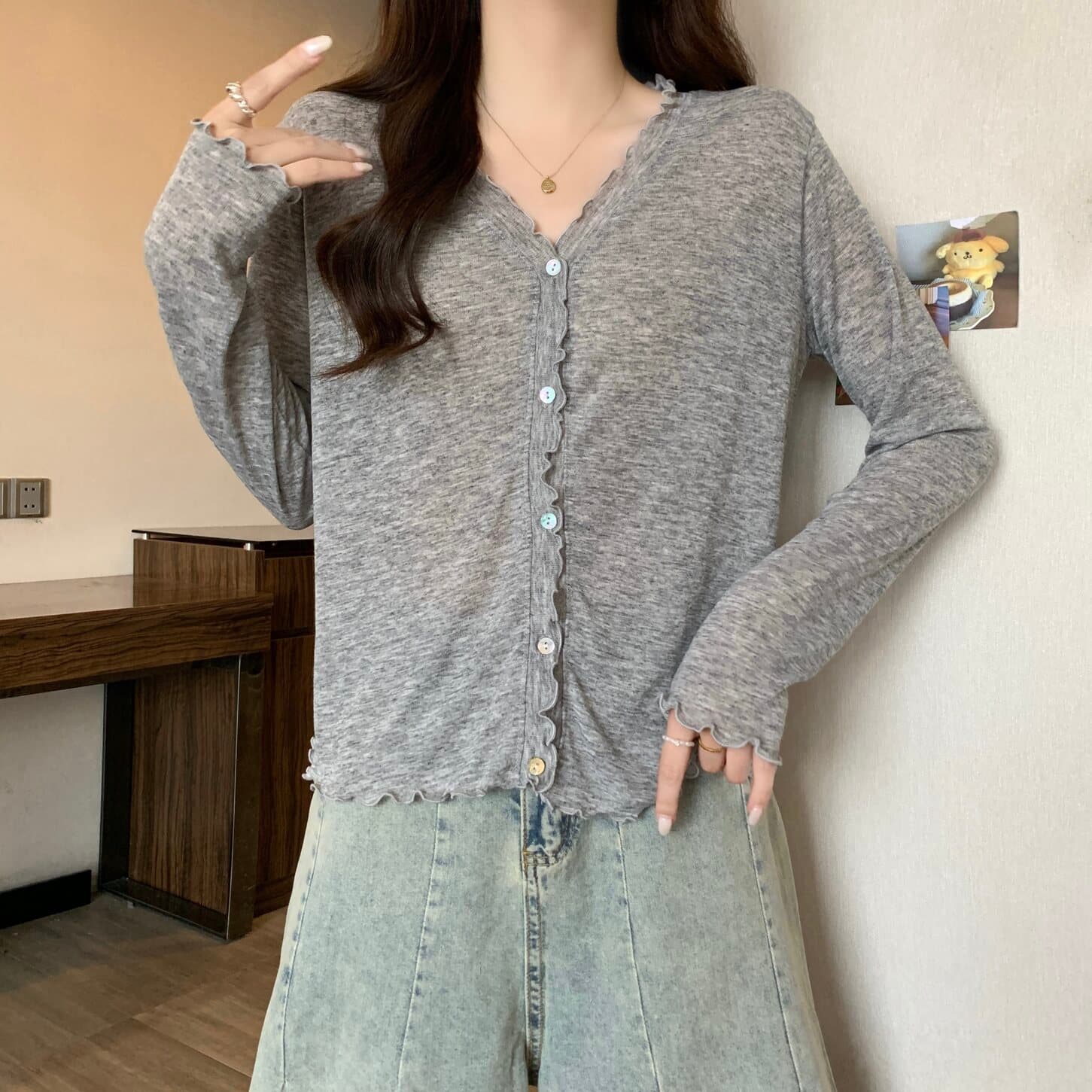 실사 빅 사이즈 여성 의류 프릴 부드럽다 긴팔 니트 오픈 가디건 지방 mm 자외선 차단 통기성 얇은 스타일 에어컨 셔츠 상세 이미지 12