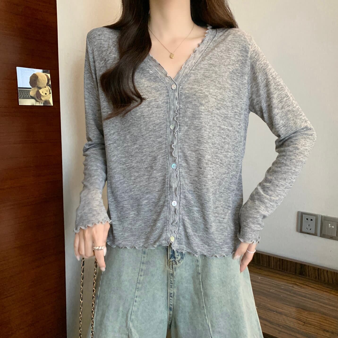 실사 빅 사이즈 여성 의류 프릴 부드럽다 긴팔 니트 오픈 가디건 지방 mm 자외선 차단 통기성 얇은 스타일 에어컨 셔츠 상세 이미지 14
