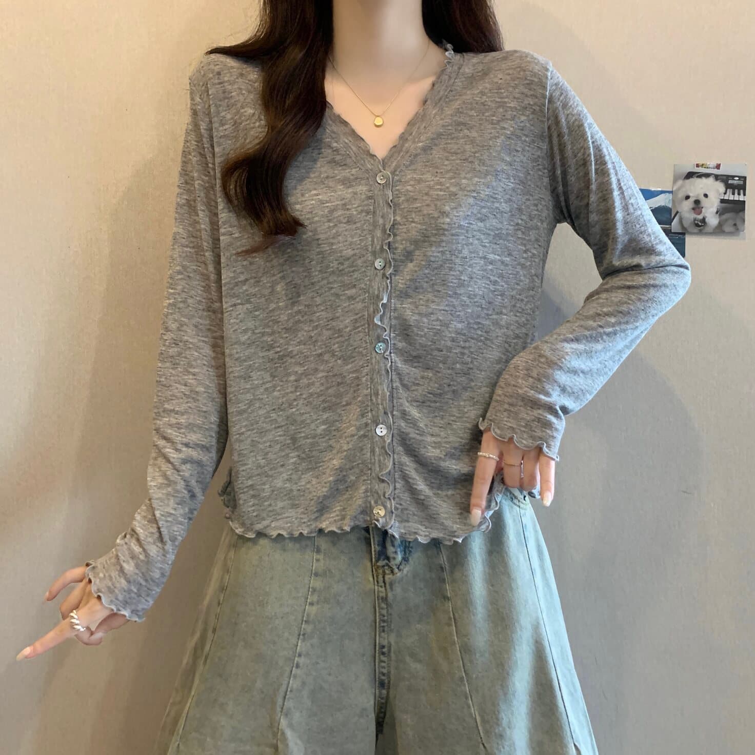 실사 빅 사이즈 여성 의류 프릴 부드럽다 긴팔 니트 오픈 가디건 지방 mm 자외선 차단 통기성 얇은 스타일 에어컨 셔츠 상세 이미지 16