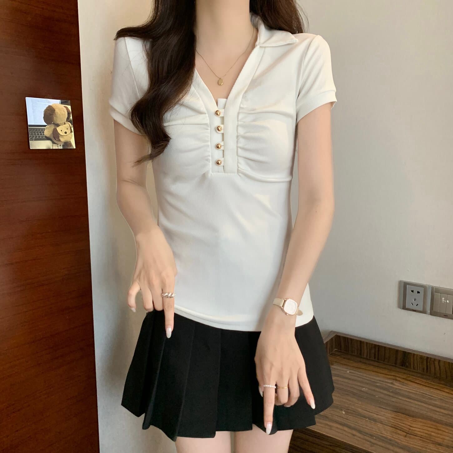 실사 빅 사이즈 여성 의류 순수한 욕망 핫걸 주름 골드 버클 V넥 화이트 티셔츠 지방 mm 몸매 가꾸기 슬림해 보이는 다용도 맨위 상세 이미지 8