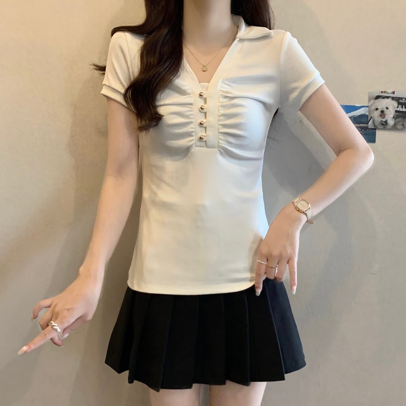 실사 빅 사이즈 여성 의류 순수한 욕망 핫걸 주름 골드 버클 V넥 화이트 티셔츠 지방 mm 몸매 가꾸기 슬림해 보이는 다용도 맨위 상세 이미지 9