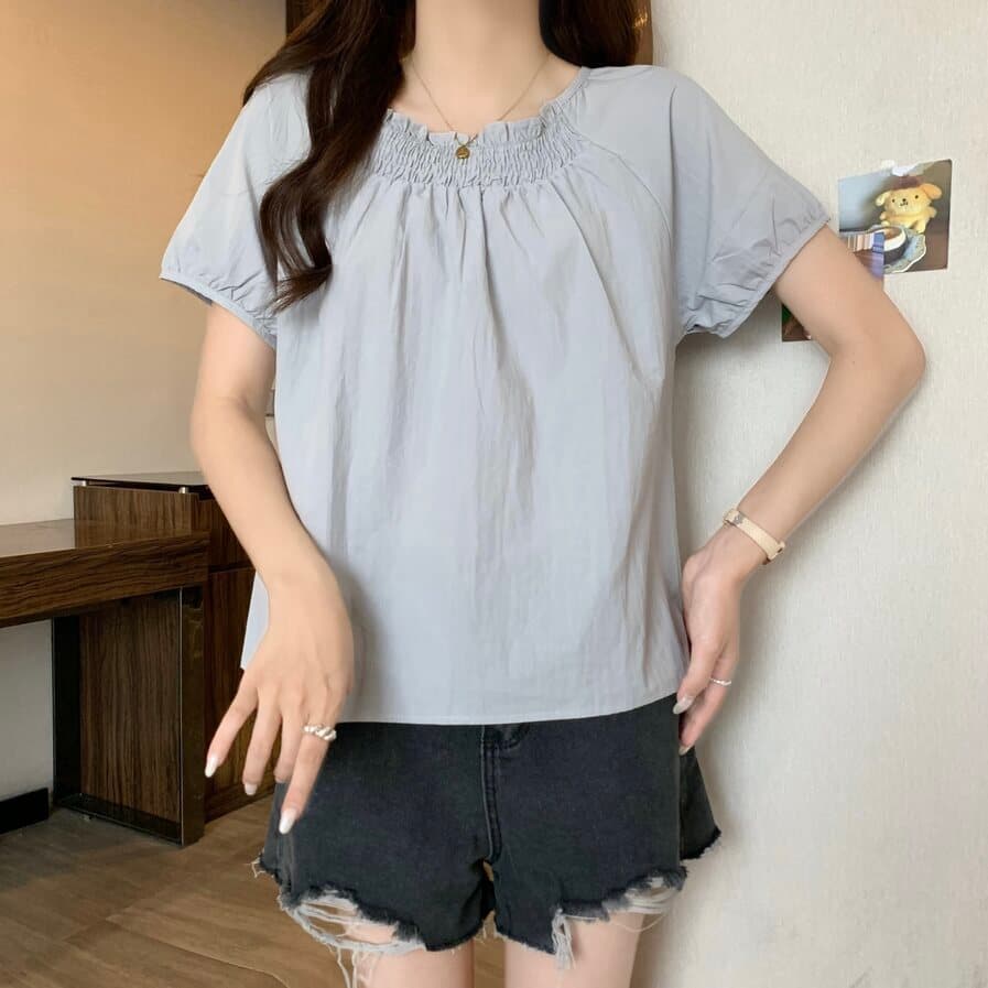 실사 빅 사이즈 여성 의류 회색 프릴 라운드 넥 반팔 셔츠 지방 mm 루즈핏 슬림해 보이는 다용도 맨위 이미지 4