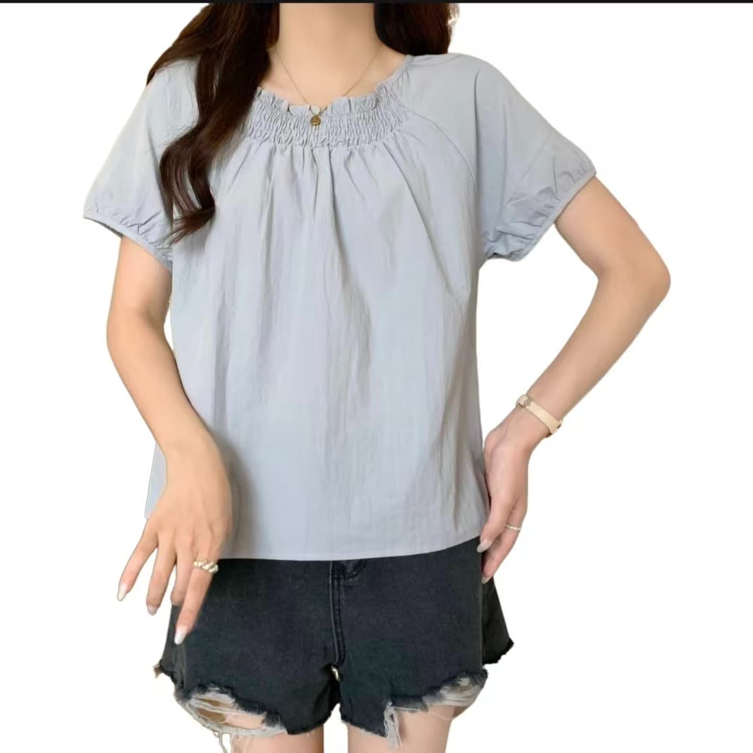 실사 빅 사이즈 여성 의류 회색 프릴 라운드 넥 반팔 셔츠 지방 mm 루즈핏 슬림해 보이는 다용도 맨위 이미지 5
