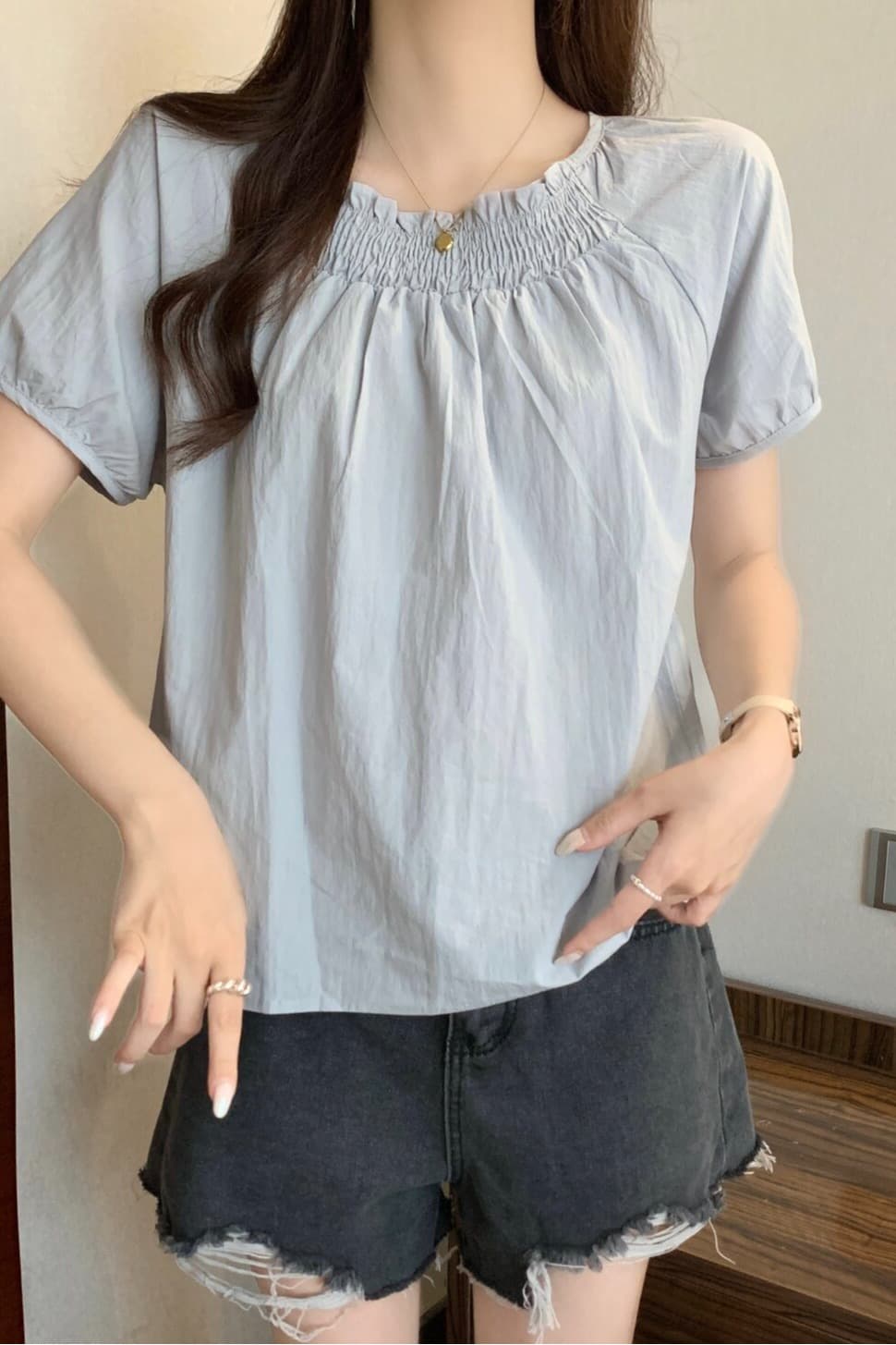 실사 빅 사이즈 여성 의류 회색 프릴 라운드 넥 반팔 셔츠 지방 mm 루즈핏 슬림해 보이는 다용도 맨위 이미지 6
