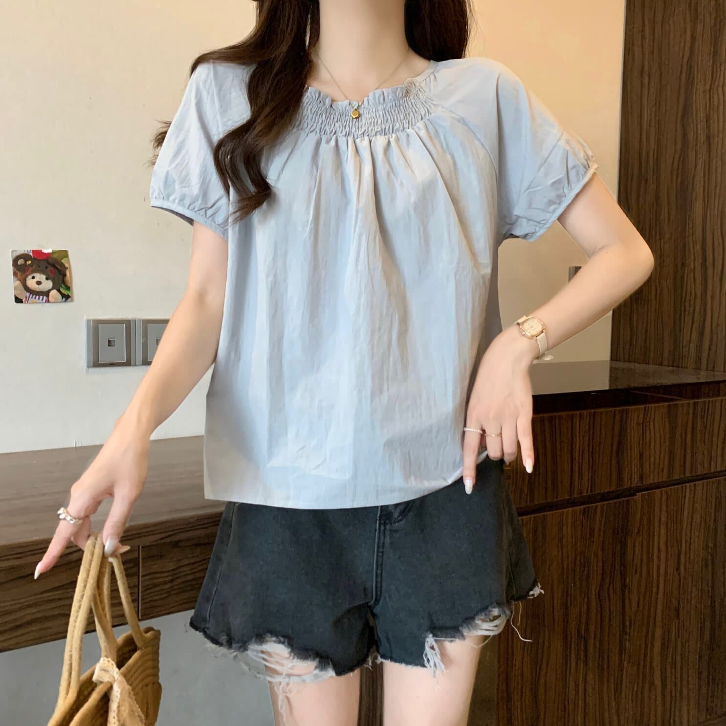 실사 빅 사이즈 여성 의류 회색 프릴 라운드 넥 반팔 셔츠 지방 mm 루즈핏 슬림해 보이는 다용도 맨위 상세 이미지 4